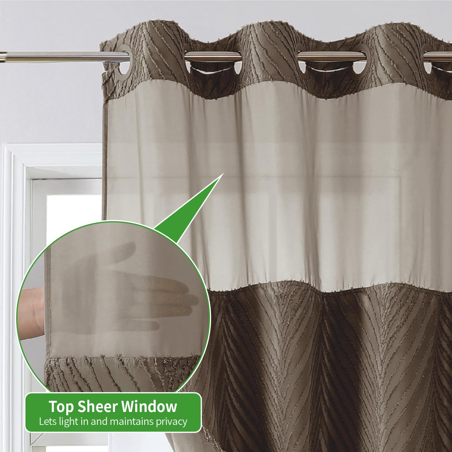 Eachope No Hook Shower Curtain And Liner Set,Boho Style With See Through Top Window, Brown Fabric Tufted Striped Textured Outer