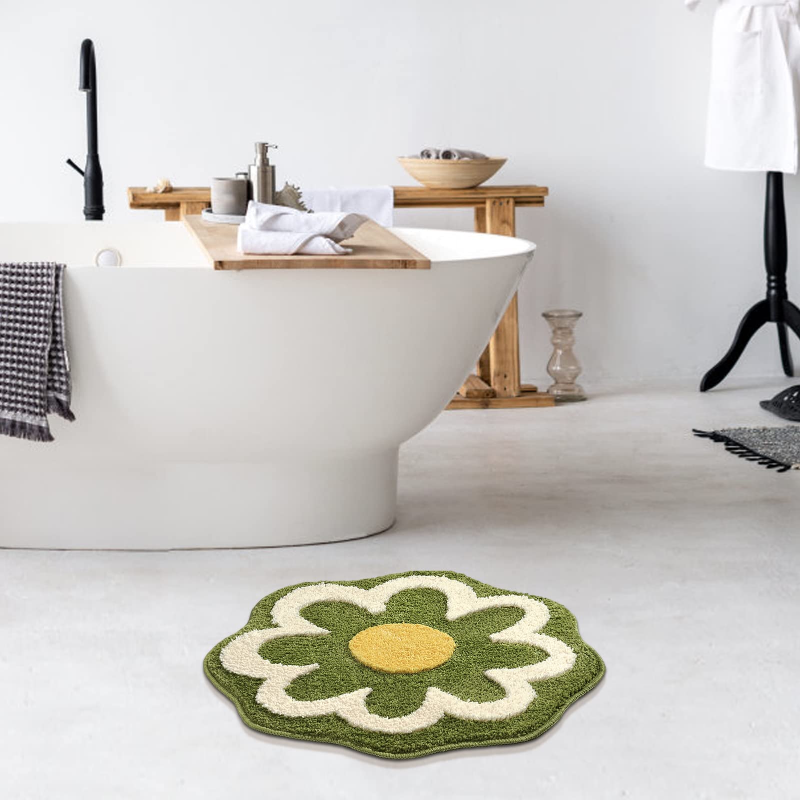 Truedays Green Flower Shaped Bath Rug, Non-Slip Water Absorbent Bathroom Mat, Super Cute Machine Washable Bathroom Rug, Small Ro