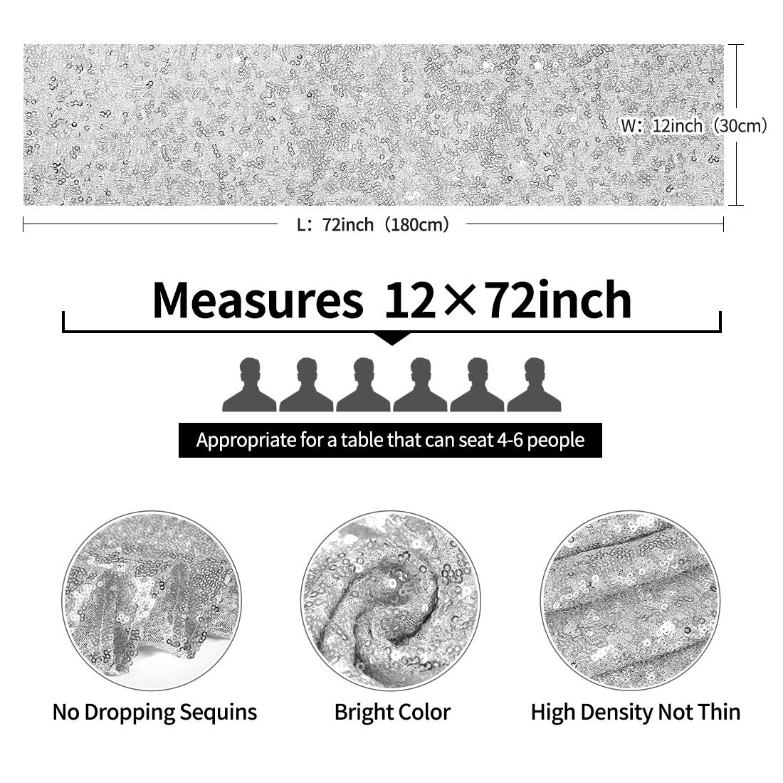 6 Packs 12 X 72 Inches Silver Sequin Table Runner, Glitter Runner For Birthday Party Supplies Decorations Wedding Bachelorette H