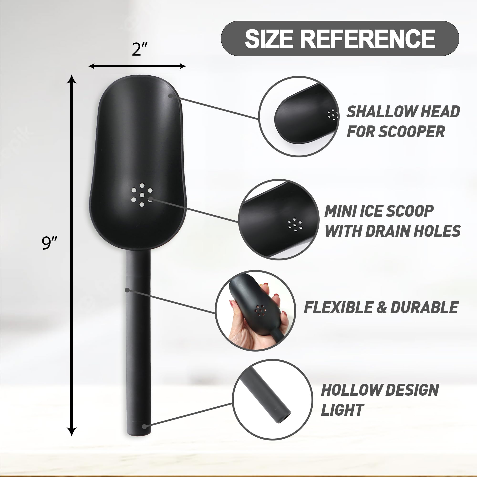 [6 Count] Slotted Plastic Ice Scooper For Ice Maker, Ice Scoop For Freezer, Mini Ice Scoop With Drain Holes, Black Color, One Cu