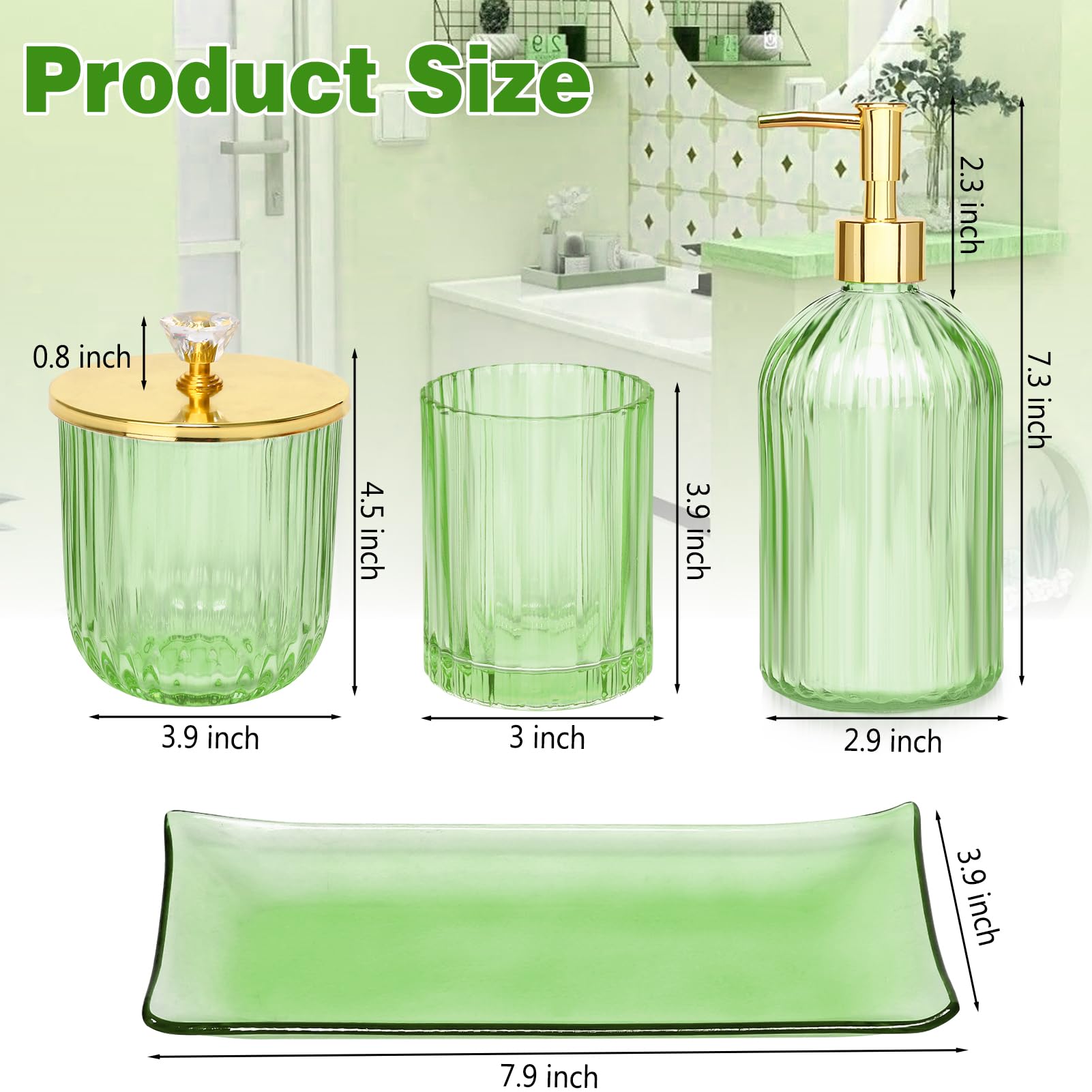 Glass Bathroom Accessories Set, 4 Pieces, Lotion Dispenser, Soap Dispenser, Toothbrush Holder, Cotton Swab Jar, Vanity Tray, Gre