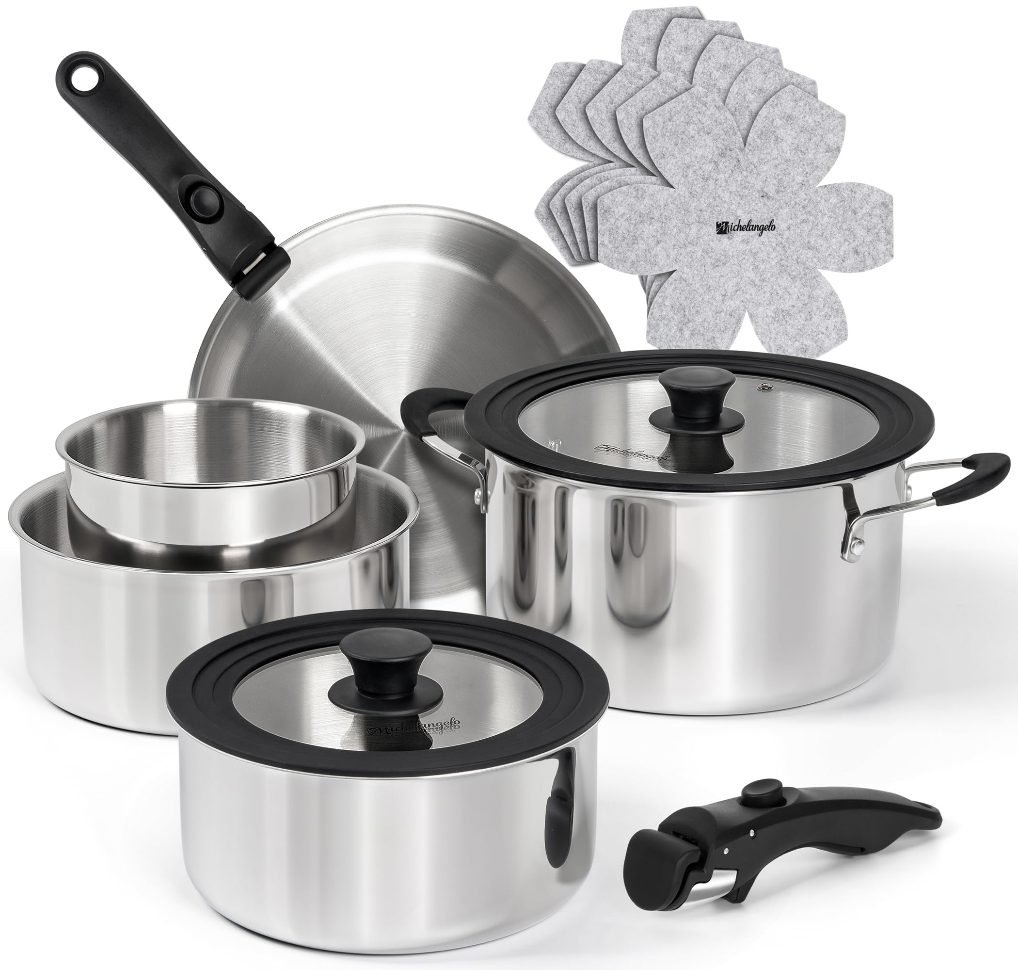 Michelangelo 14pcs TriPly Stainless Steel Cookware Set with Detachable Handles, Stackable Pots and Pans Set for RVs, Small Kitc