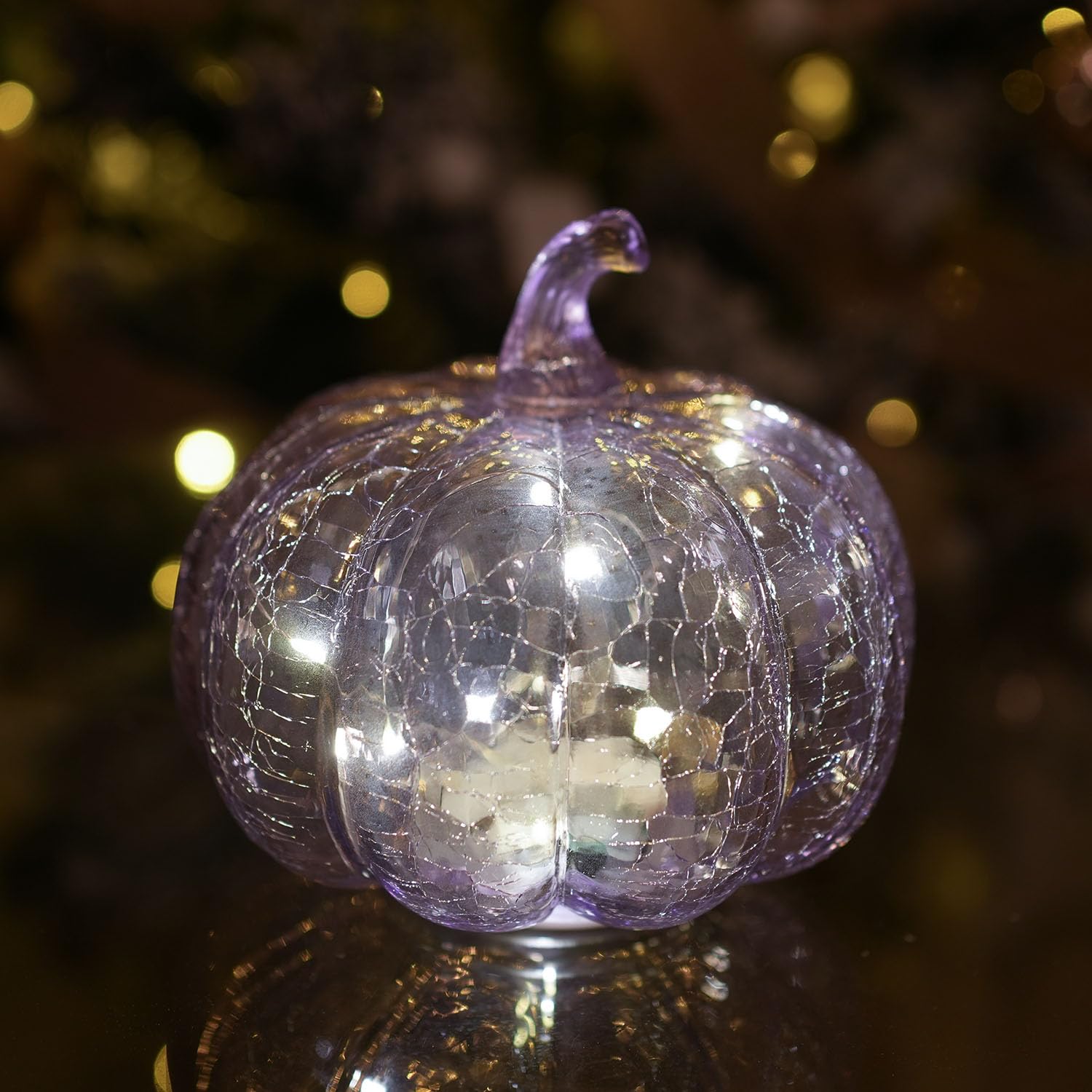 hvfun Handcrafted Lavender Crackle Glass Pumpkin Light, LED Battery Operated Table D  cor with 6H Timer, Twinkle & Steady Modes,