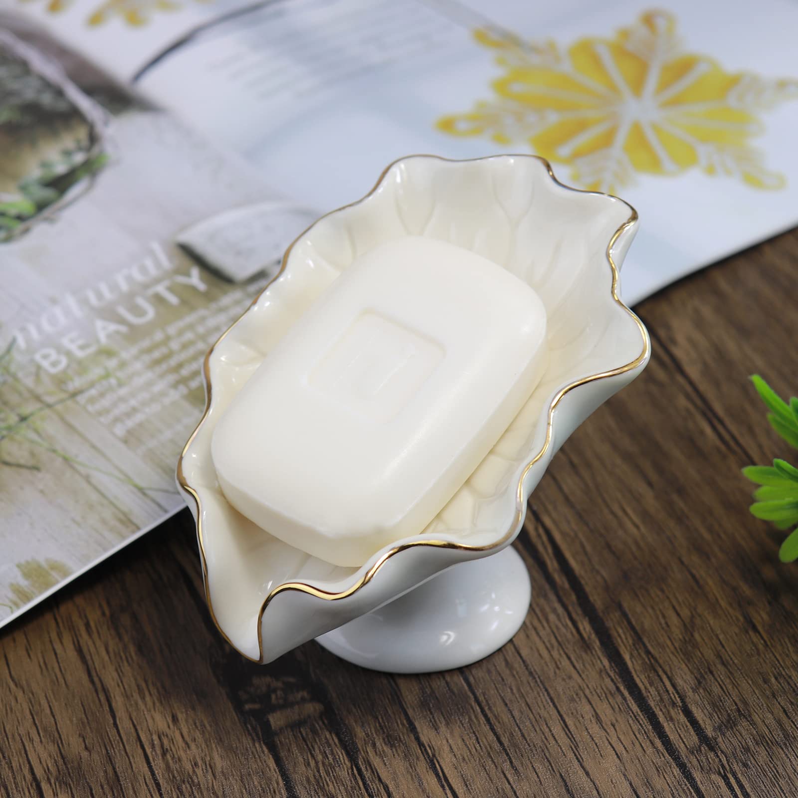Soap Dish Ceramic White Lotus Leaf Shape Soap Holder Self Draining Soap Dish Waterfall Slot Sponge Holder Bathroom Accessories for Bathroom  Kitchen Bar Counter.