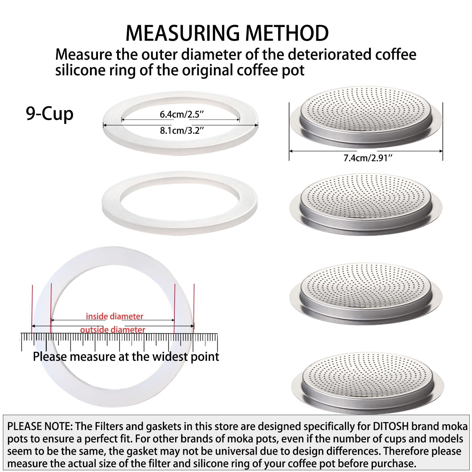 Ditosh 2 Pcs Filter With 4 Pcs Silicone Gasket Seals For 9 Cup Stovetop Espresso Coffee Maker Replacement Parts For Ditosh Alumi