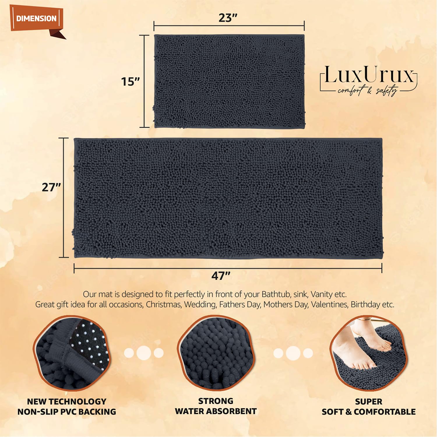 Luxurux Bathroom Rugs 2 Piece Set-Extra-Soft Plush Bath Mat Bathroom Rugs,1'' Chenille Microfiber Material, Super Absorbent, Cha
