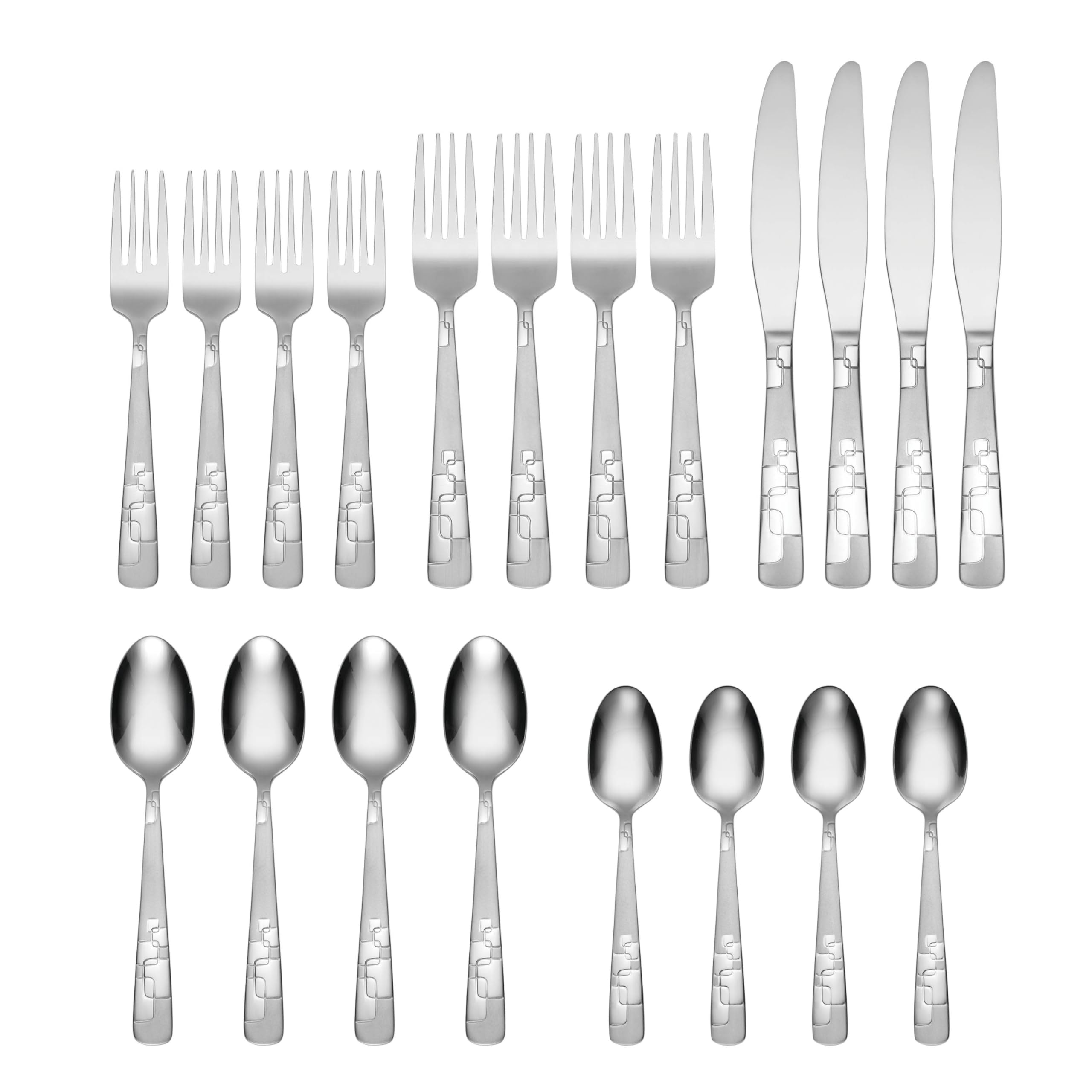 Oneida Quadratic 20 Piece Everyday Flatware, Service For 4, 18/0 Stainless Steel, Silverware Set, 3.6 X 6.3 X 10.3 Inches
