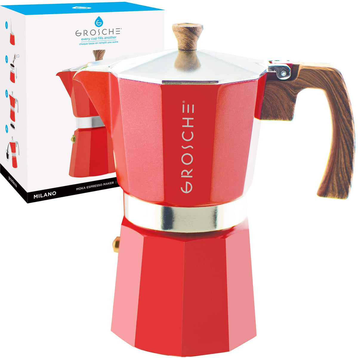 Grosche Milano Stovetop Espresso Maker Moka Pot 9 Espresso Cup, 15.2 Oz, Red - Cuban Coffee Maker Stove Top Coffee Maker Moka It