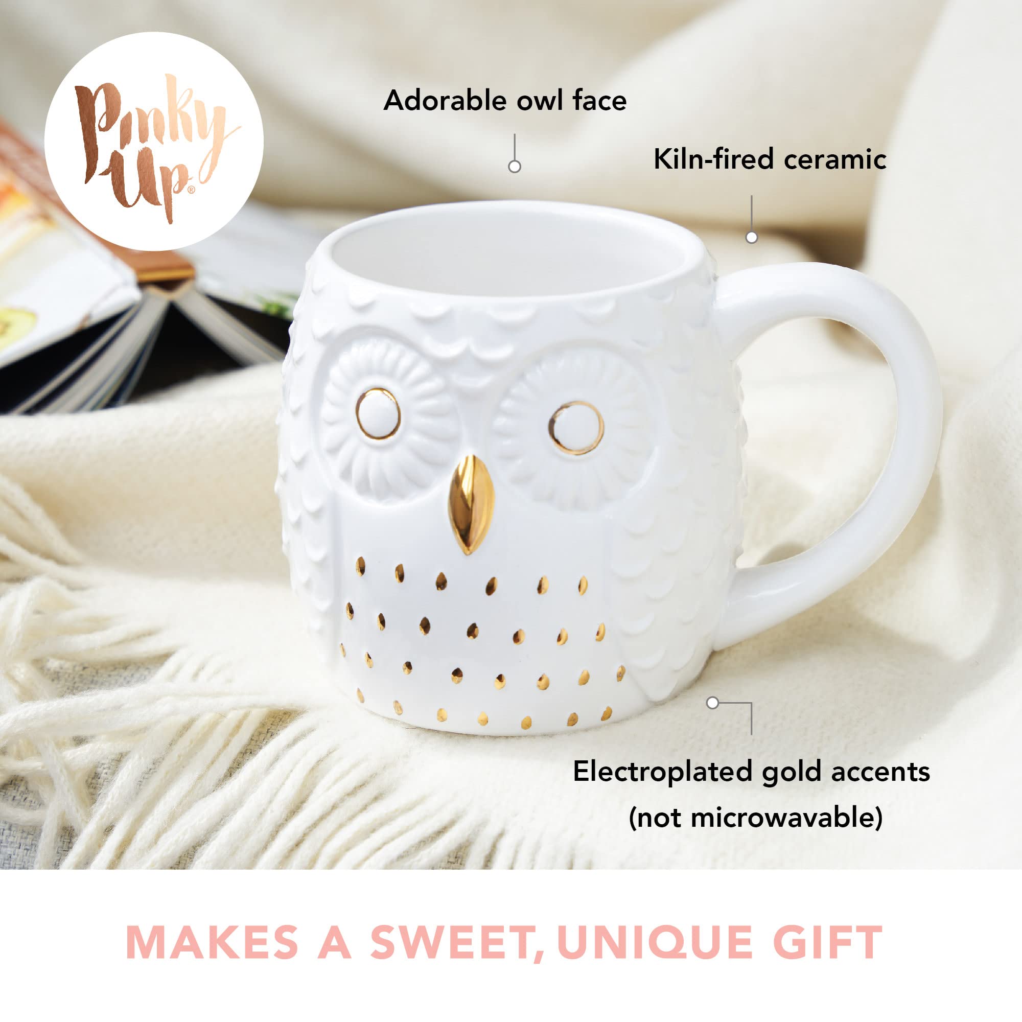 Pinky Up Olivia Owl Mug, Cute Mugs For Women, Tea Tumbler Cup, Tea Accessory Gifts, Owl Design, White And Gold, 16Oz