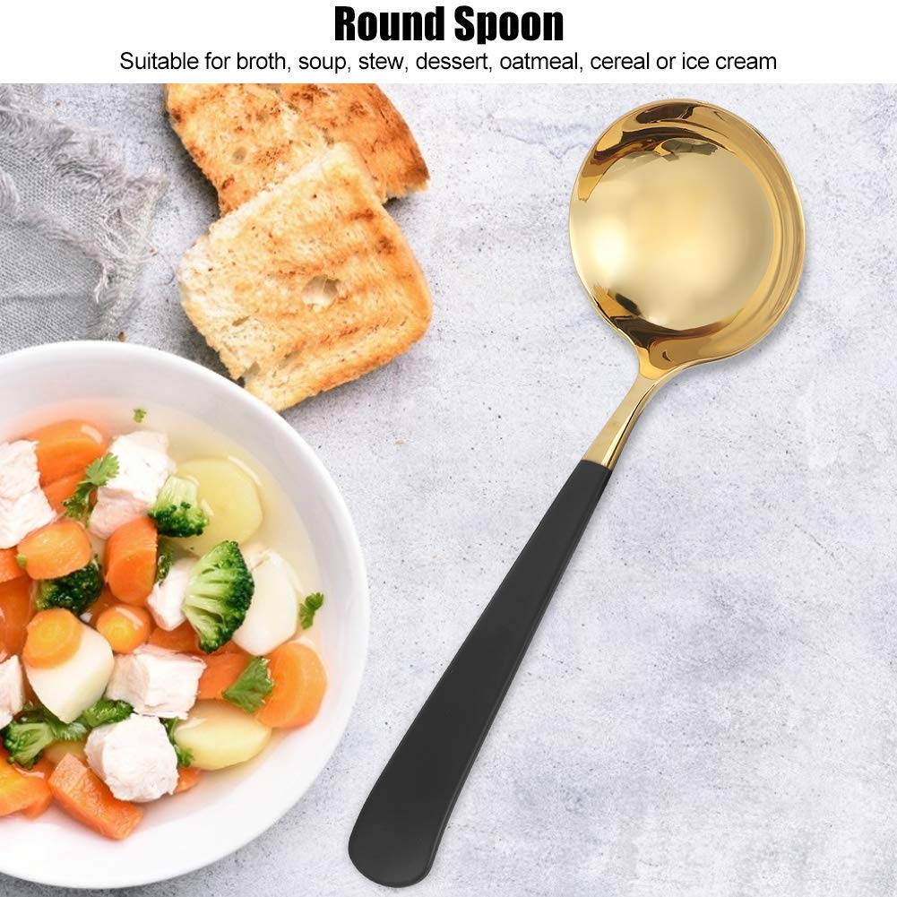 Deep Spoons, 304 Stainless Steel Soup Ladle Black-Gold Serving Spoon Cooking Spoons For Household Restaurant Hotel, With Long Ha