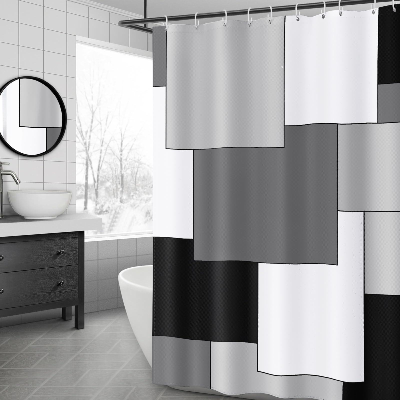 Awellife Black and White Shower Curtain Mordern Geometric Gray Shower Curtains for Bathroom 72 x 72 Inches