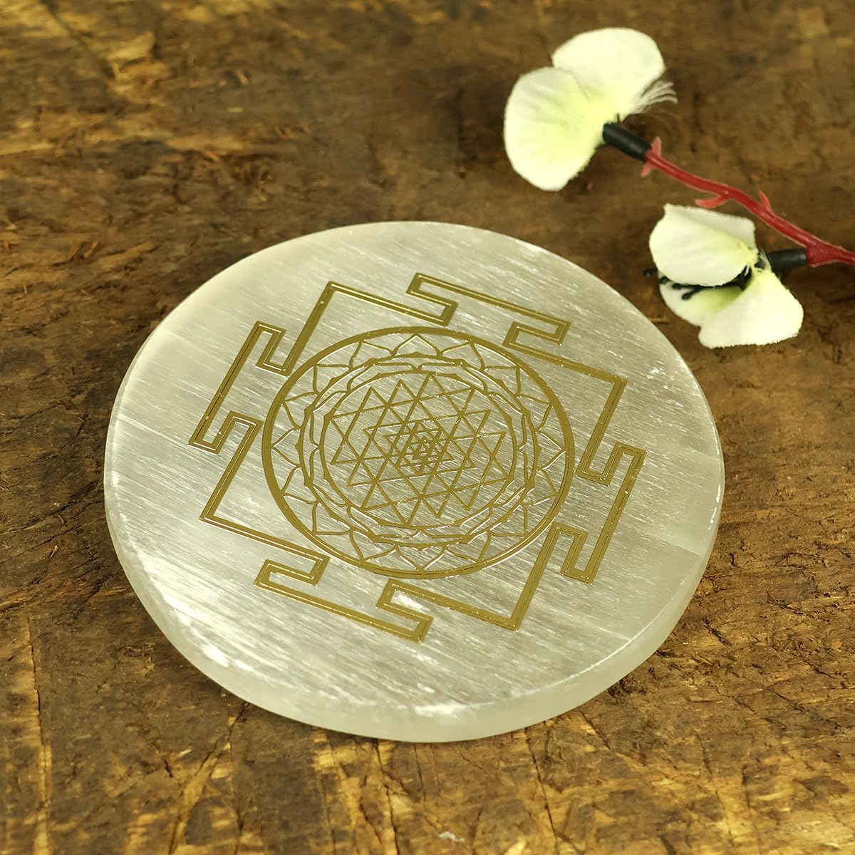 Reiki Crystal Products Selenite Charging Plate Coaster With Shree Yantra Symbol Size 7.6 Cm (3 Inch)