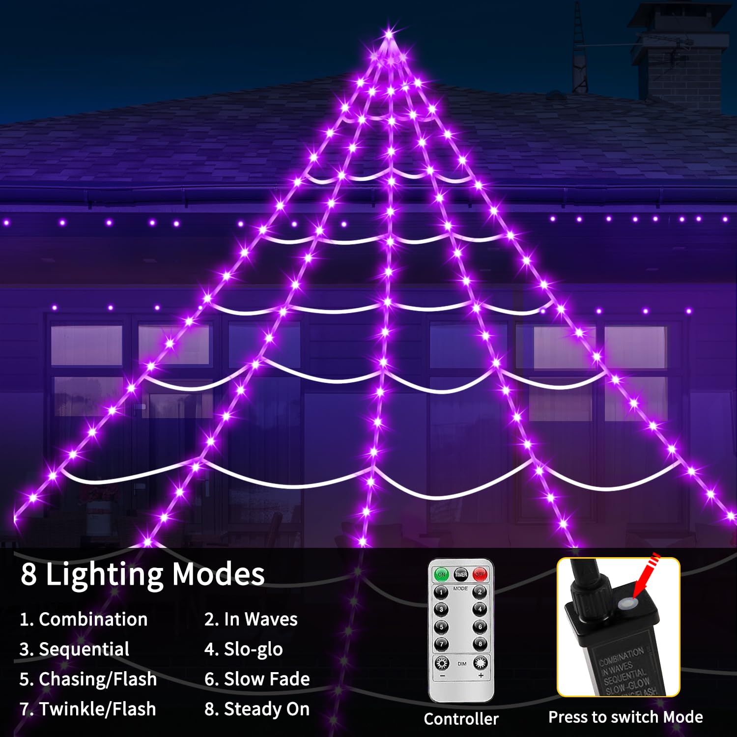 Halloween Decorations Outdoor Spider Web Lights, 23Ft 350 LED Light up Spider Web with 6.6Ft Giant Spider, 8 Modes Waterproof Ti