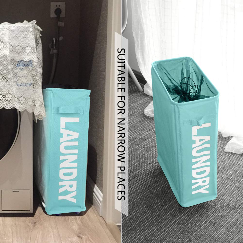 Ihomagic Slim Rolling Laundry Basket With Wheel, Rectangle Storage Hamper - Thin Laundry Basket Corner Fittable Laundry Bin Flex