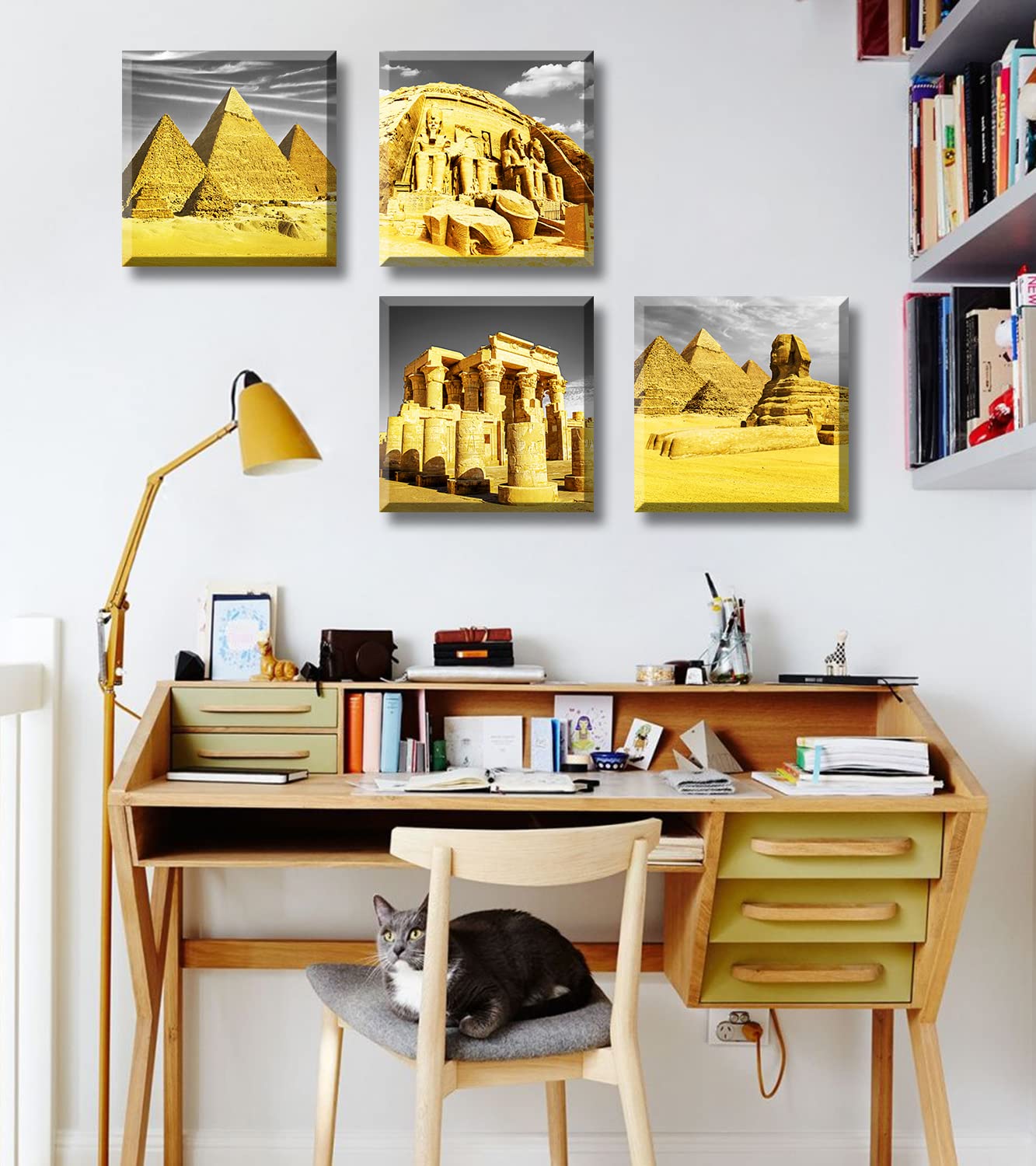 Djsylife Bedroom Decor Gold Wall Art Egyptian Pyramids Canvas Print Picture Gray White Posters Modern Artwork For For Living Roo