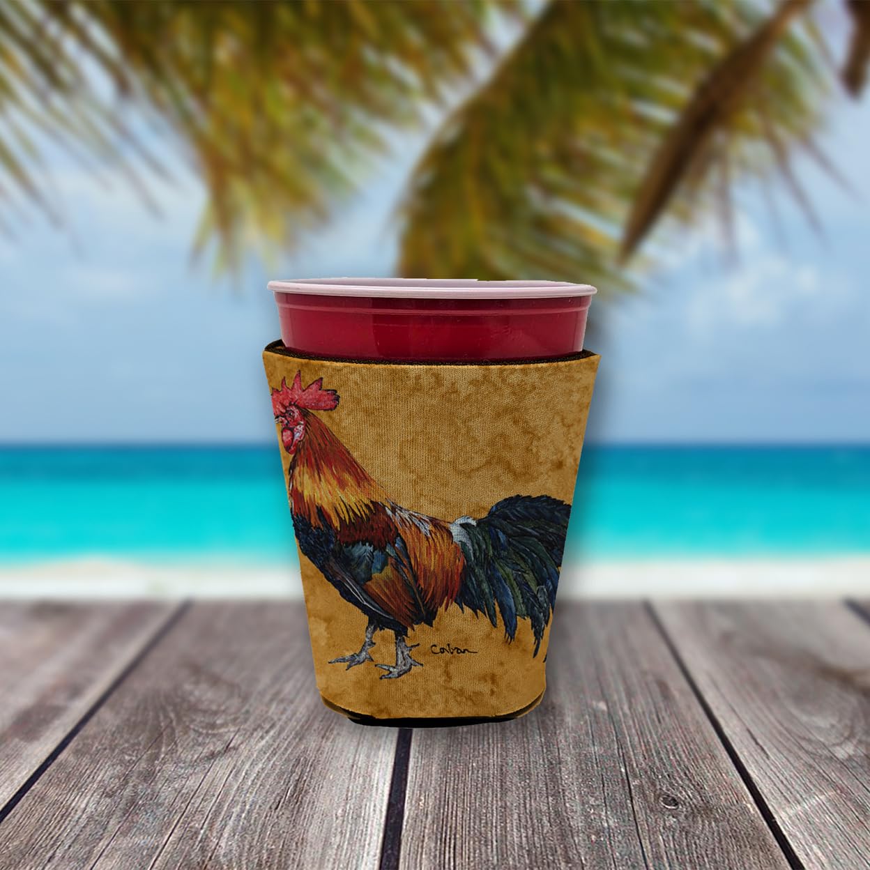 Bird - Rooster  Red Solo Cup Beverage Insulator Hugger