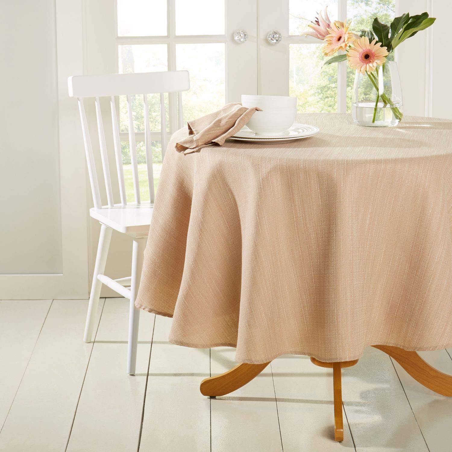 Town & Country Living Harper Stain And Water Resistant Tablecloth Single Pack, Brownstone Beige, 70'' Round