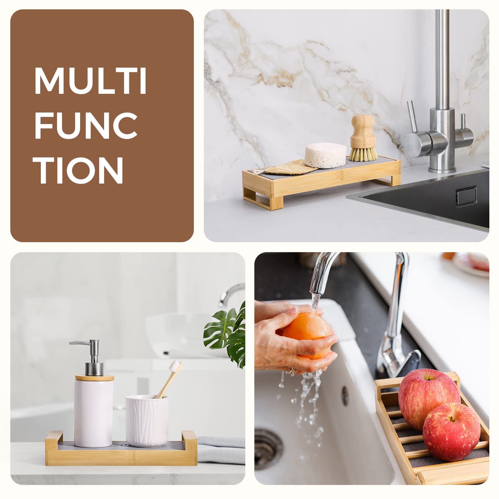 Wealone 3-In-1 Sink Caddy Instant Dry Sink Organizer, Fast Drying Diatomaceous Earth Stone, Kitchen Sponge Holder, Water Absorbi