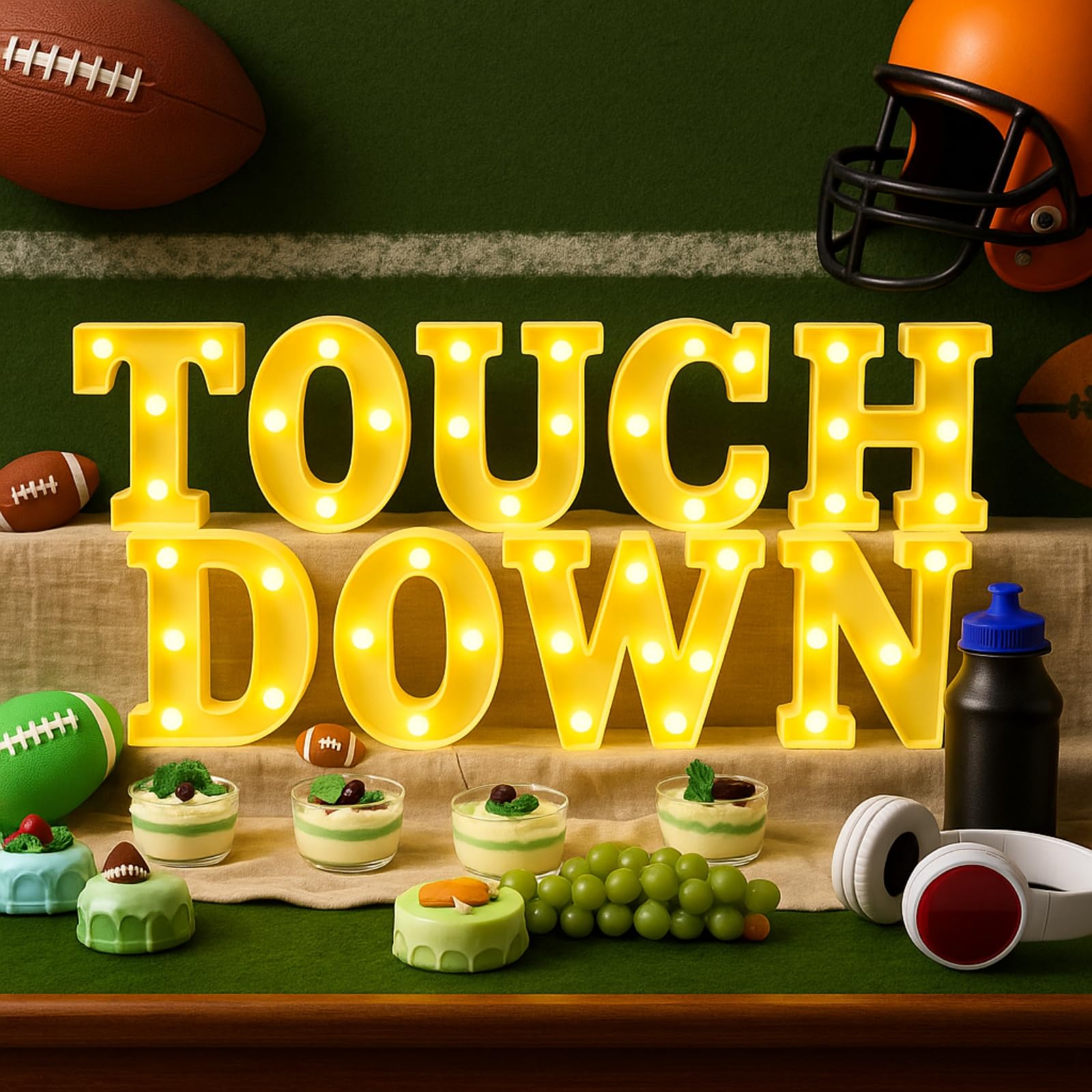 Honoson 9 Pcs Football Party Decorations 'touchdown! ' LED Lights Sign Rugby Theme Sports Neon Sign Lights Table Decoration for 
