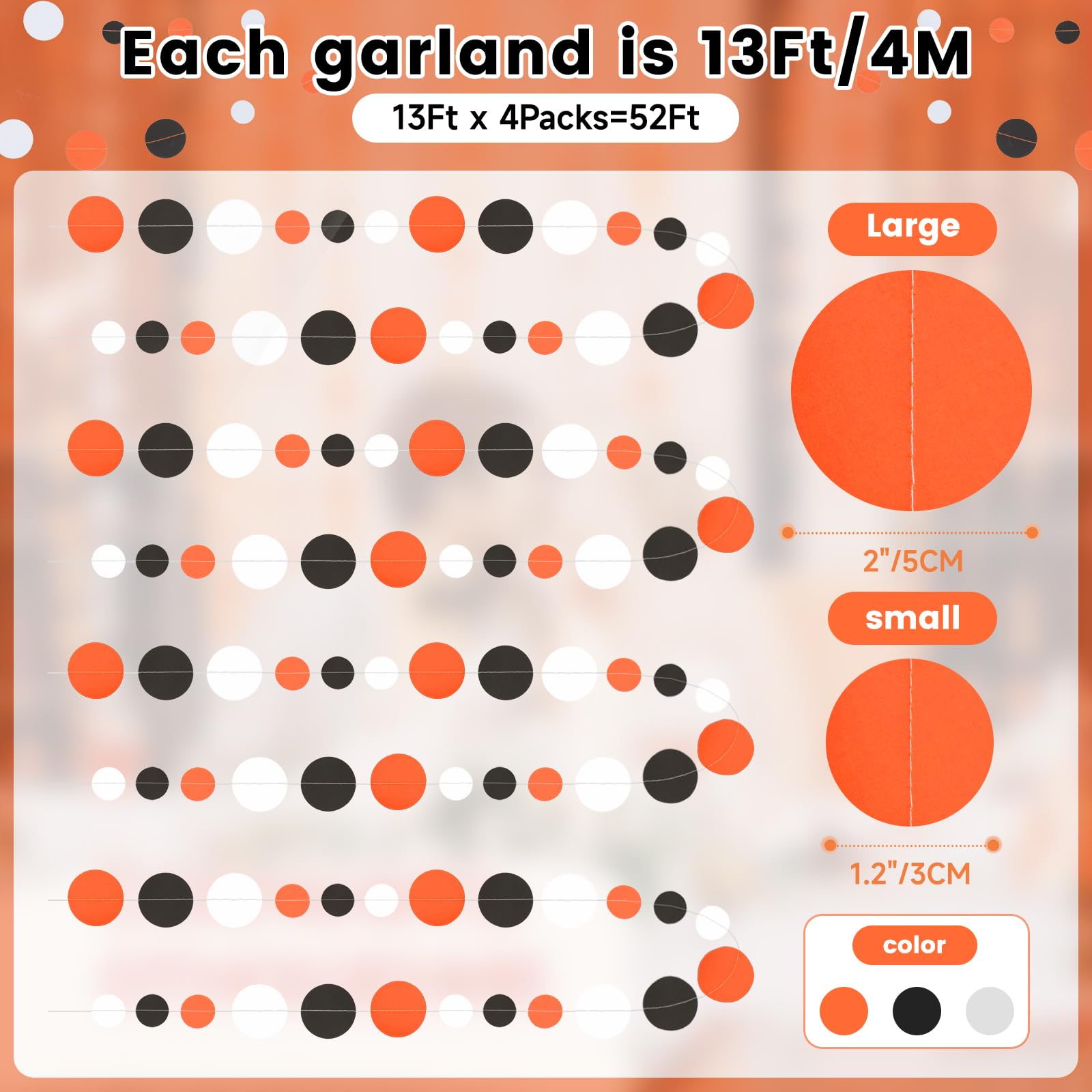 Gcqq Black Orange White Garland, 52Ft Halloween Garlands, Paper Circle Dot Garland Streamers, Polka Dot Garlands For Halloween P