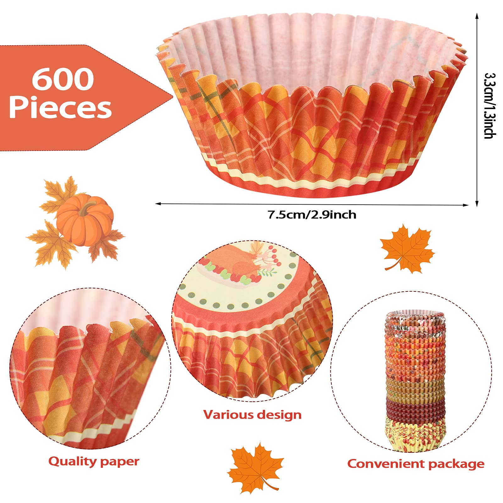 Zonon 600 Pcs Thanksgiving Cupcake Liners Pumpkin Turkey Maple Leaf Cupcake Paper Mini Baking Cups Fall Thanksgiving Muffin Line