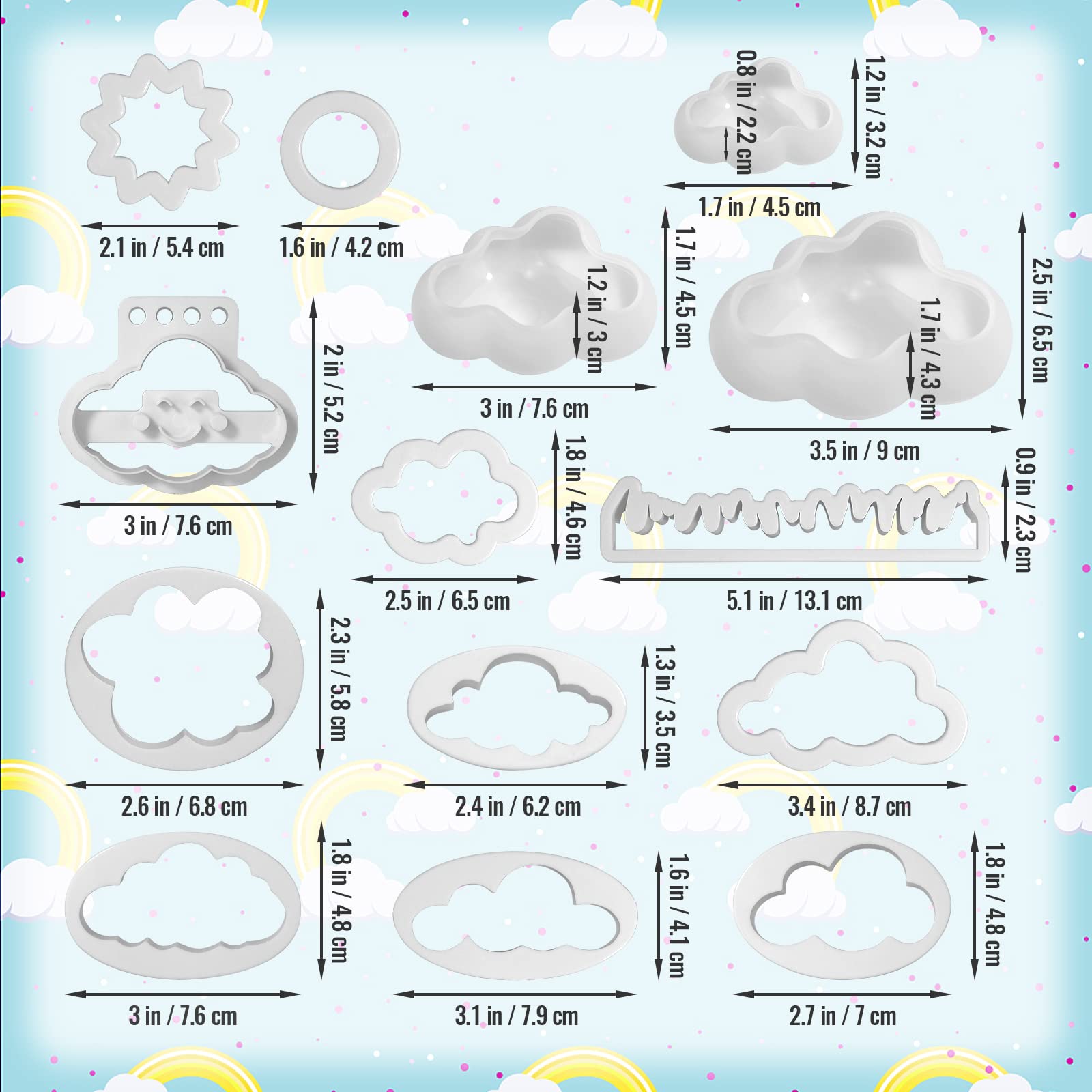 14 Pieces Cloud Shape Mold Set, 11 Pieces Cloud Cookie Cutters And 3 Pieces 3D Cloud Silicone Molds Fondant Cloud Cutter Cake Mo