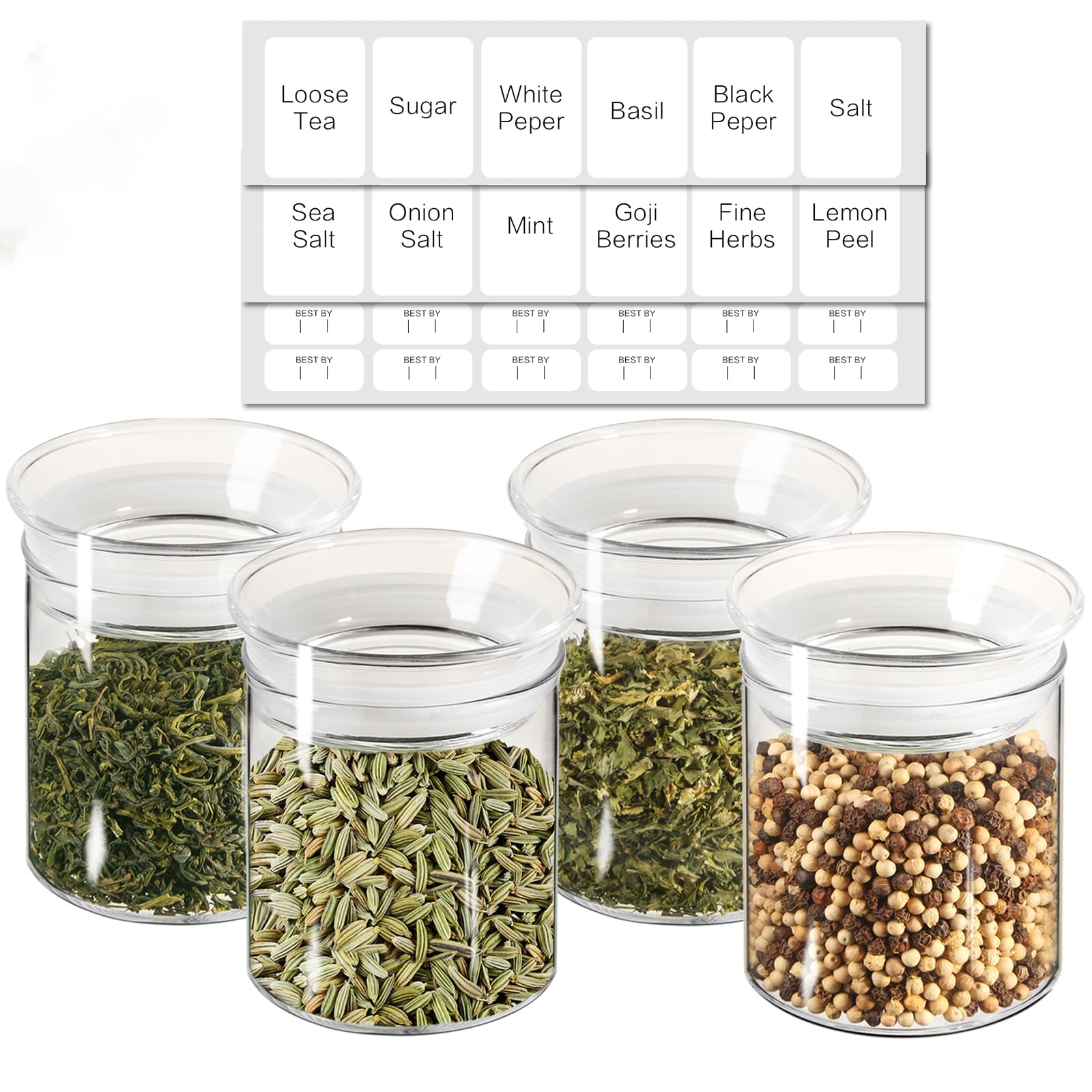 Zens Glass Canister Set, Small Airtight Kitchen Storage Jars With Glass Lids, Clear 4 Pack 10Oz Empty Food Container For Spices