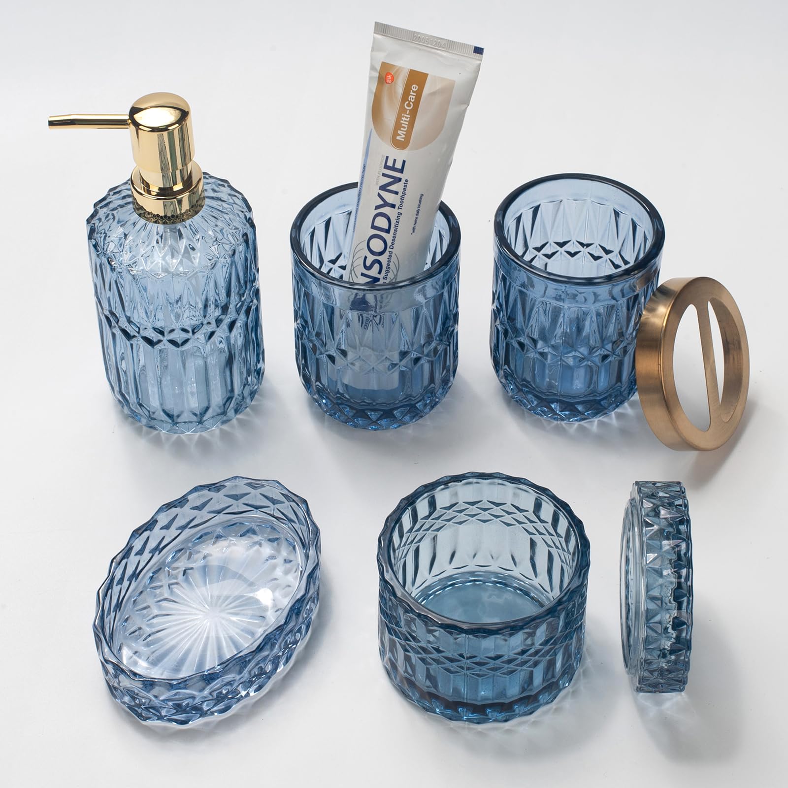 Ivailex 5Pcs Blue Glass Bathroom Accessories Sets Of Lotion Dispenser, Soap Dish, Toothbrush Holder, Tumbler, Cotton Swab Jars,