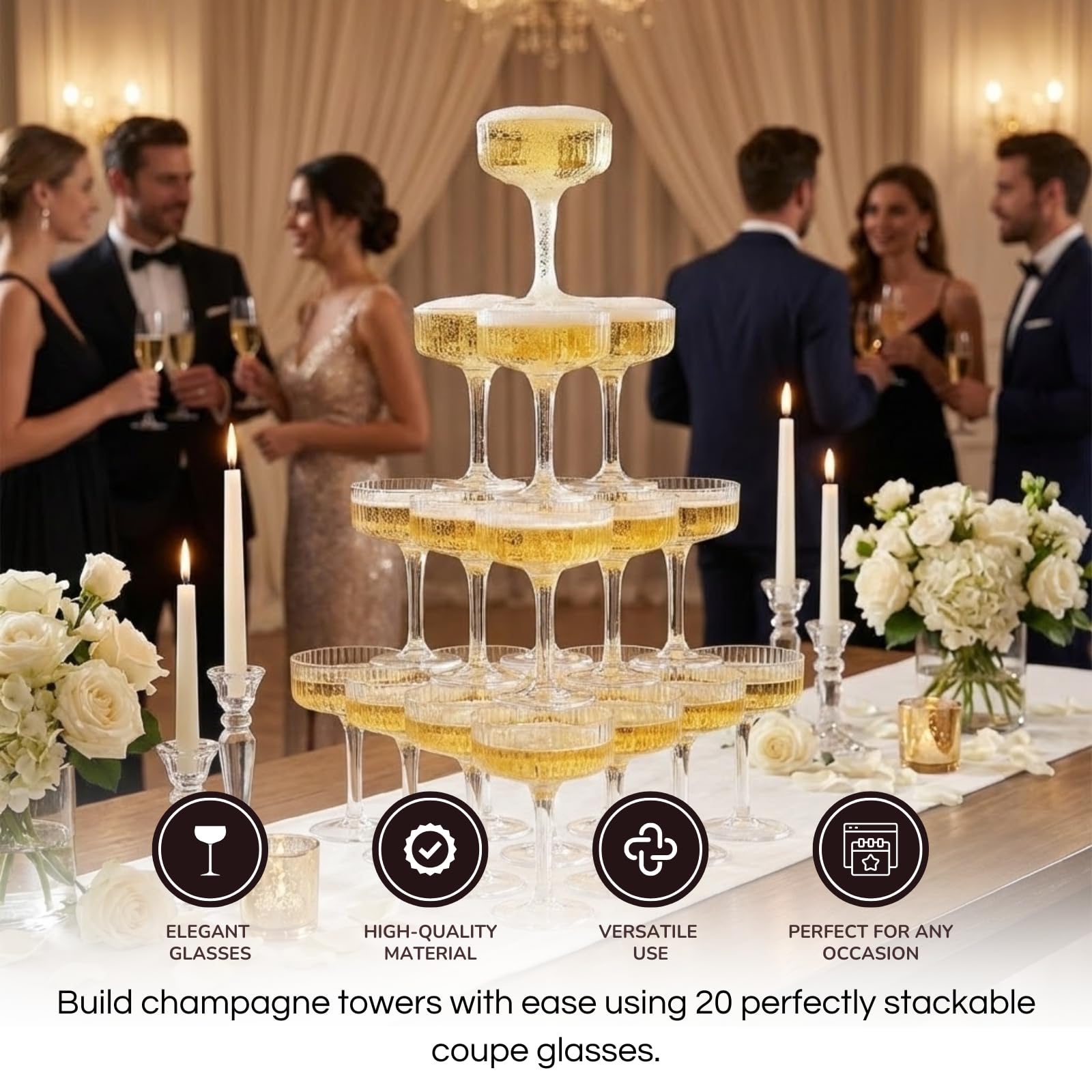 Premium ACRYLIC Champagne Tower Kit | 21 Stackable 7 oz