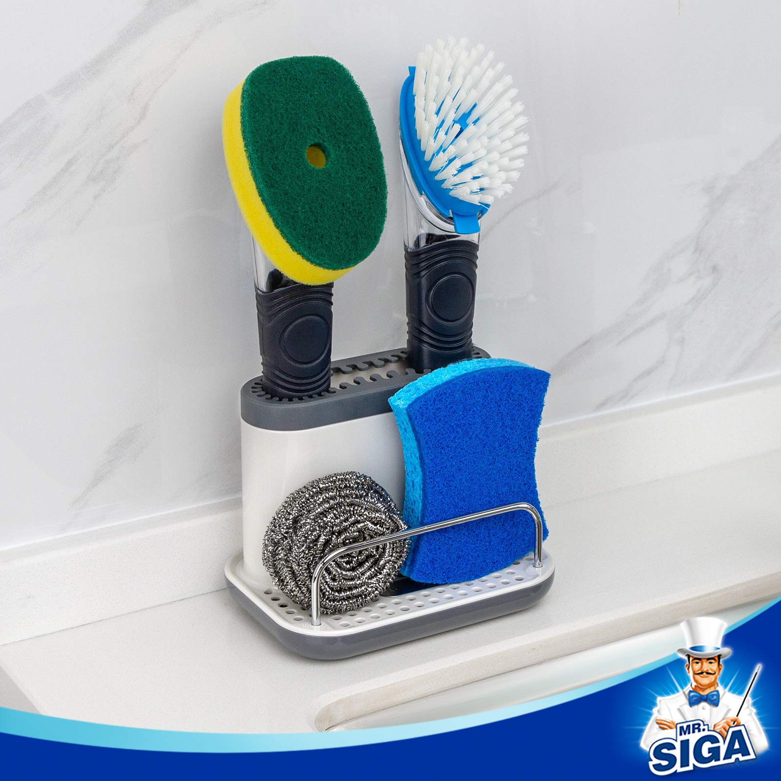 Mr.Siga Sink Caddy, Kitchen Sink Organizer Sponge Brush Holder With Drip Tray, White & Gray