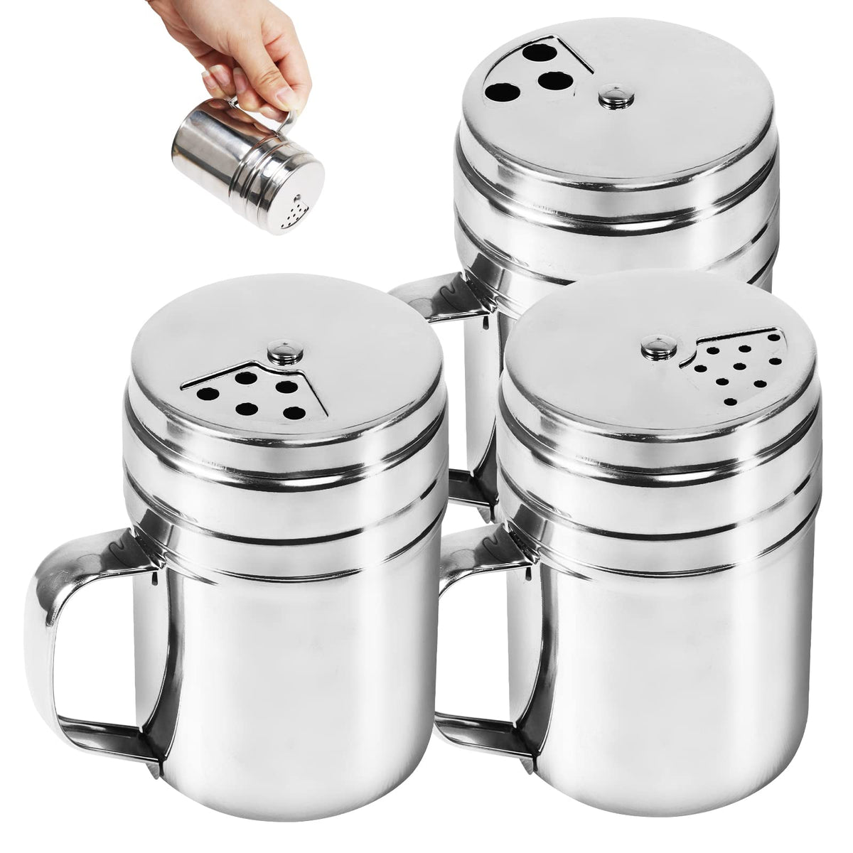 3Pcs Seasoning Bottle With Handle Stainless Steel Dredge Shaker Rub Spice With Holes Powdered Sugar Shaker With Lid Shaker Cooki