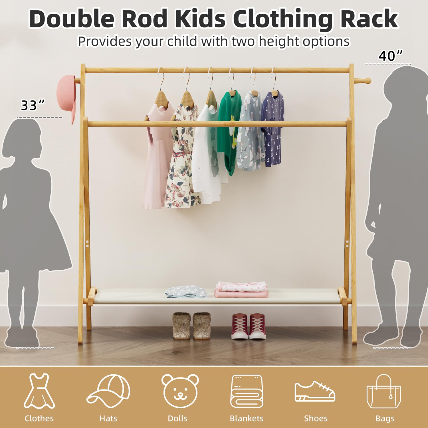 Bamboohomie Kids Clothing Rack, Kids Dress Up Rack With Storage Shelf & Double Rods, Foldable Kids Dress Up Clothes Rack For Tod