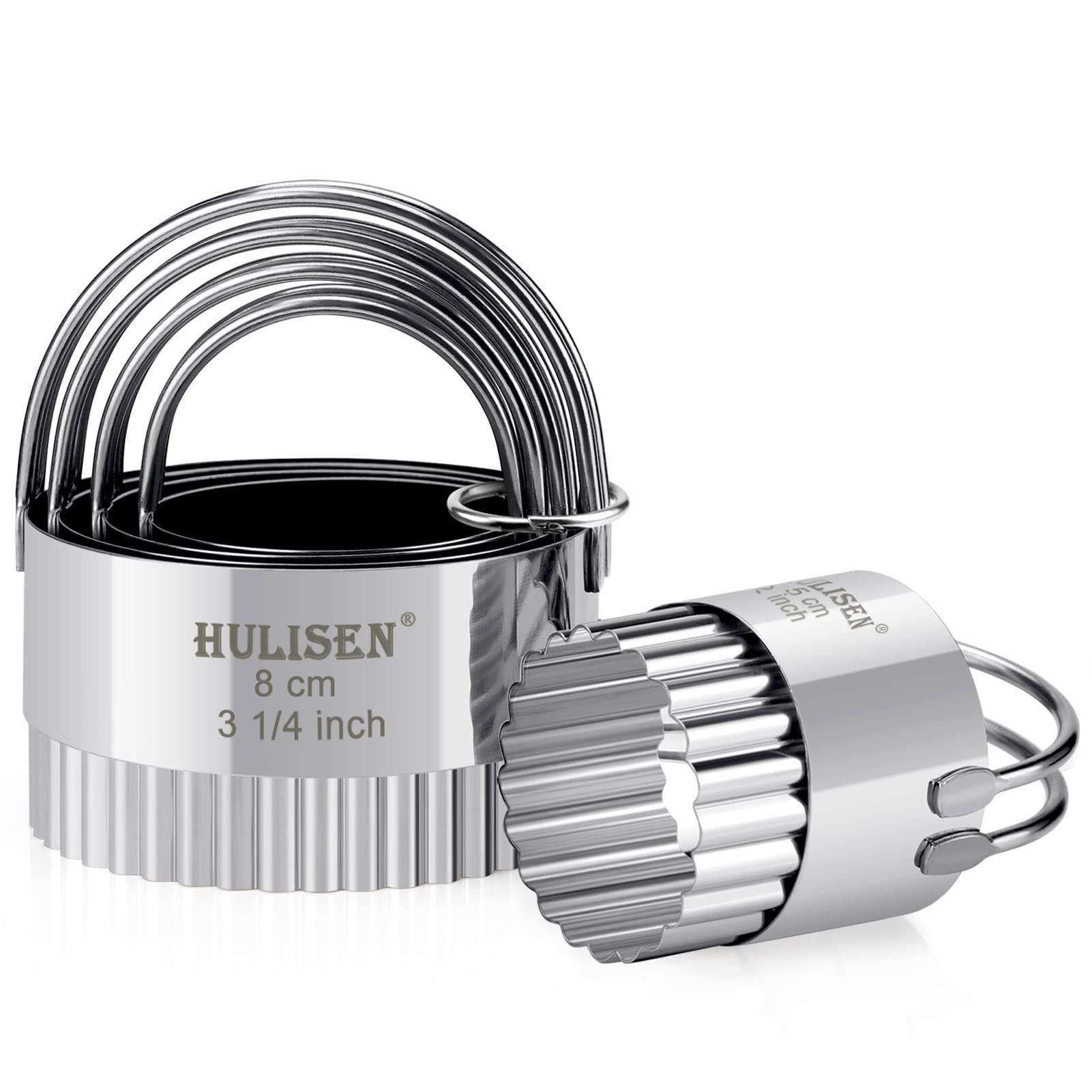 Hulisen Biscuit Cutter Set (5 Pieces/Set), Stainless Steel Round Biscuit Cutters With Handle, Wave Cookies Cutter With Fluted Ed