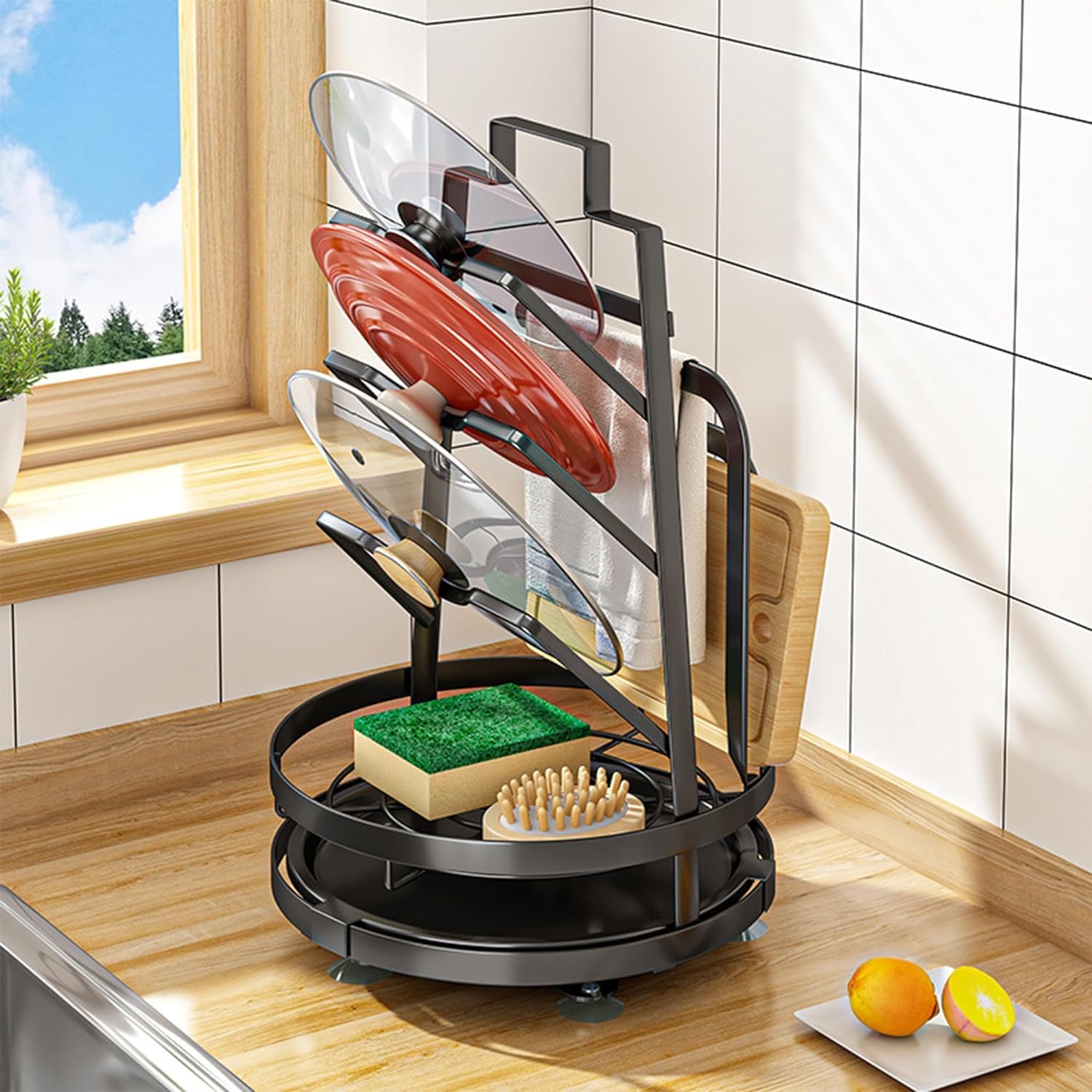 Kuber Industries 3 Layer Pot Lid Holder with Removable Drain Tray| Lid Stand Rack|Heavy Duty Standing Pot Lid Holder|Cooking Pot