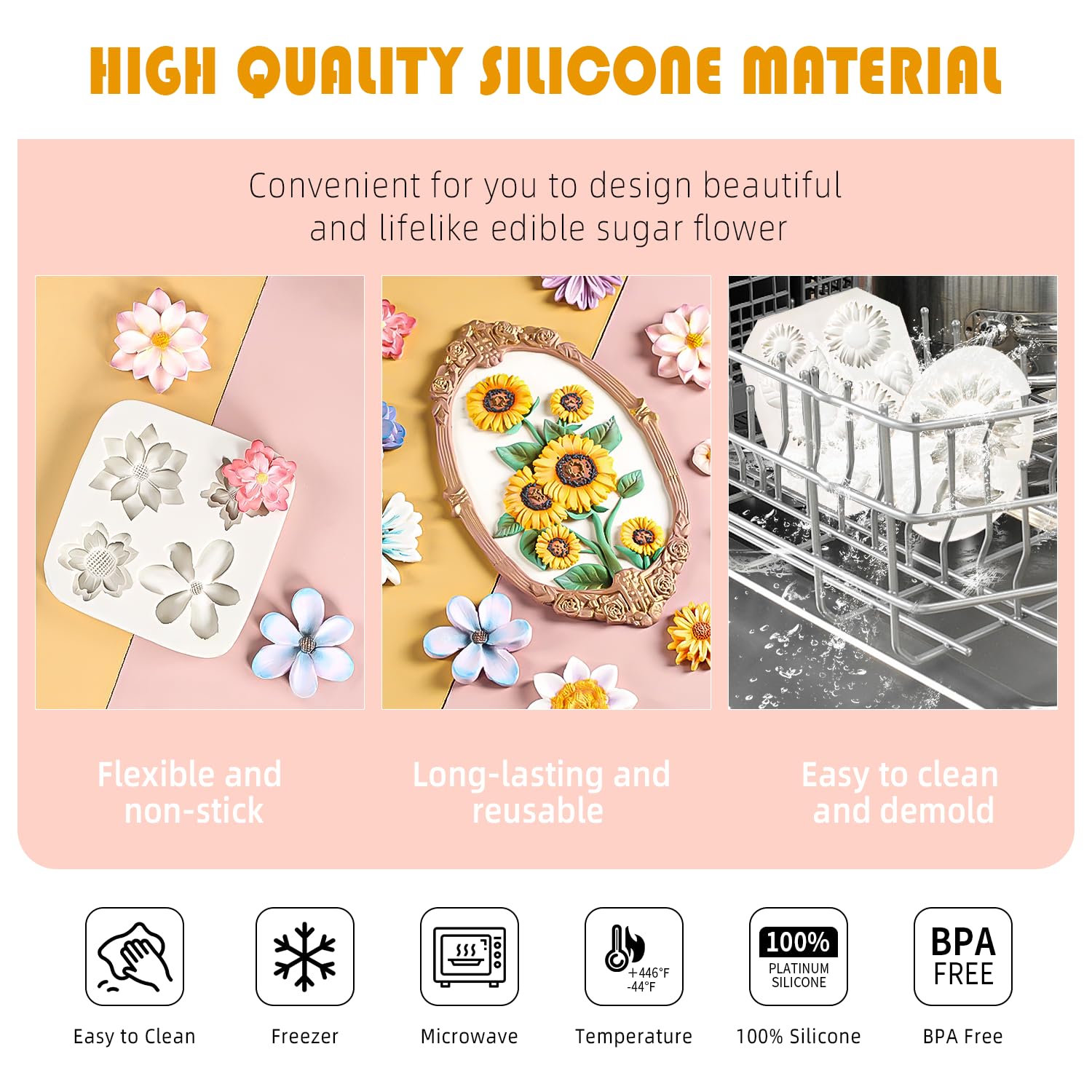 Kalaien 4Pcs Sunflower Fondant Silicone Mold For Cake Topper Decoration Chocolate Candy Sugar Diy Craft Gum Paste