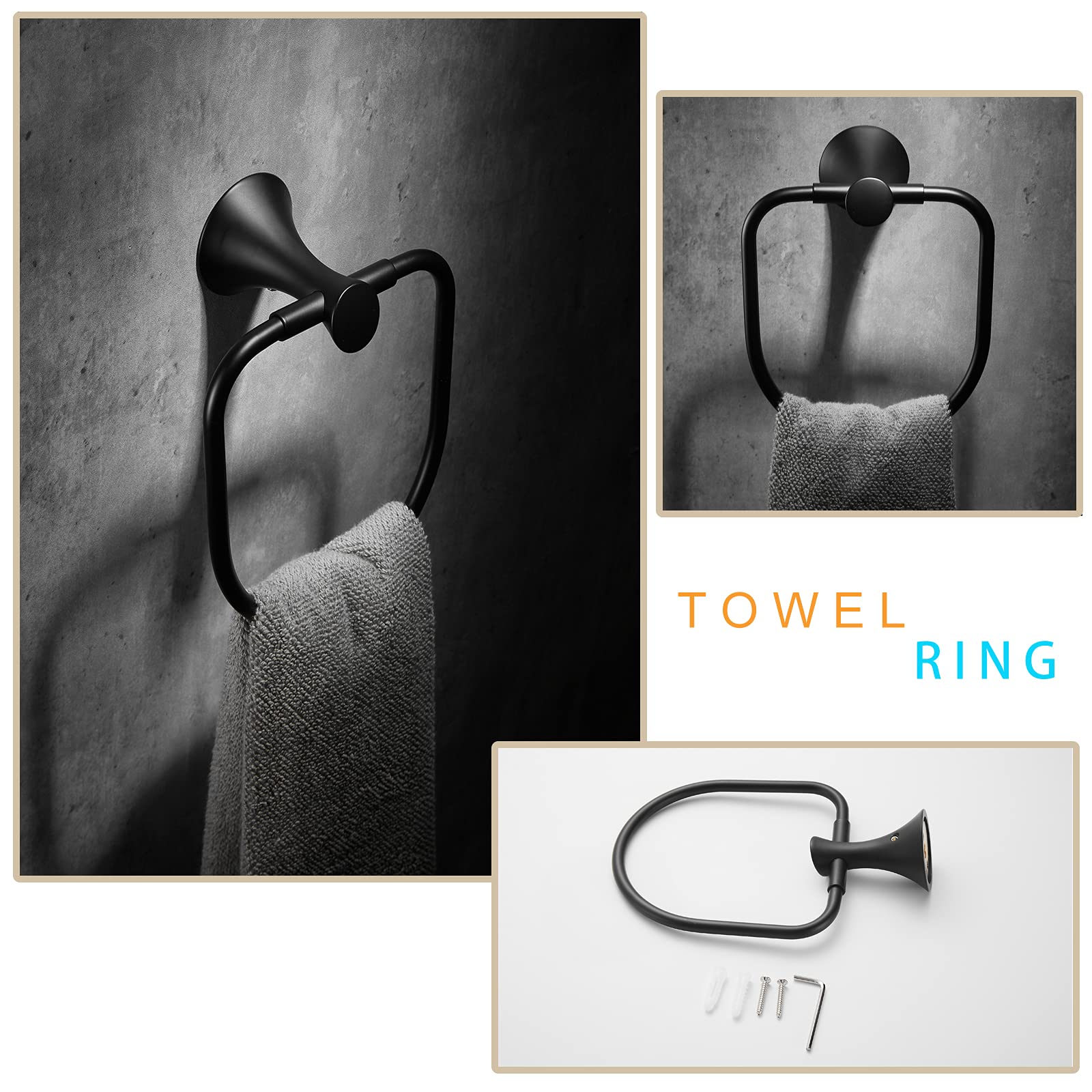 Newrain 3-Piece Bathroom Hardware Set, Matte Black - Hand Towel Ring, Toilet Paper Holder, Robe Towel Hooks