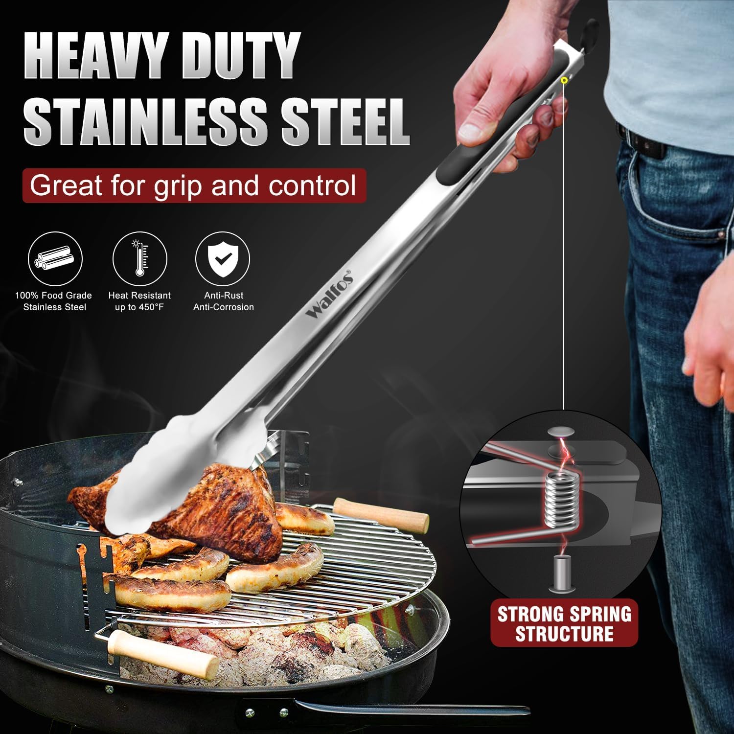 Walfos Extra Long Grill Tongs - Heavy Duty Metal Tongs - 16 & 12 Inch Great For Grilling,Bbq/Barbecue,Cooking - Stainless Steel
