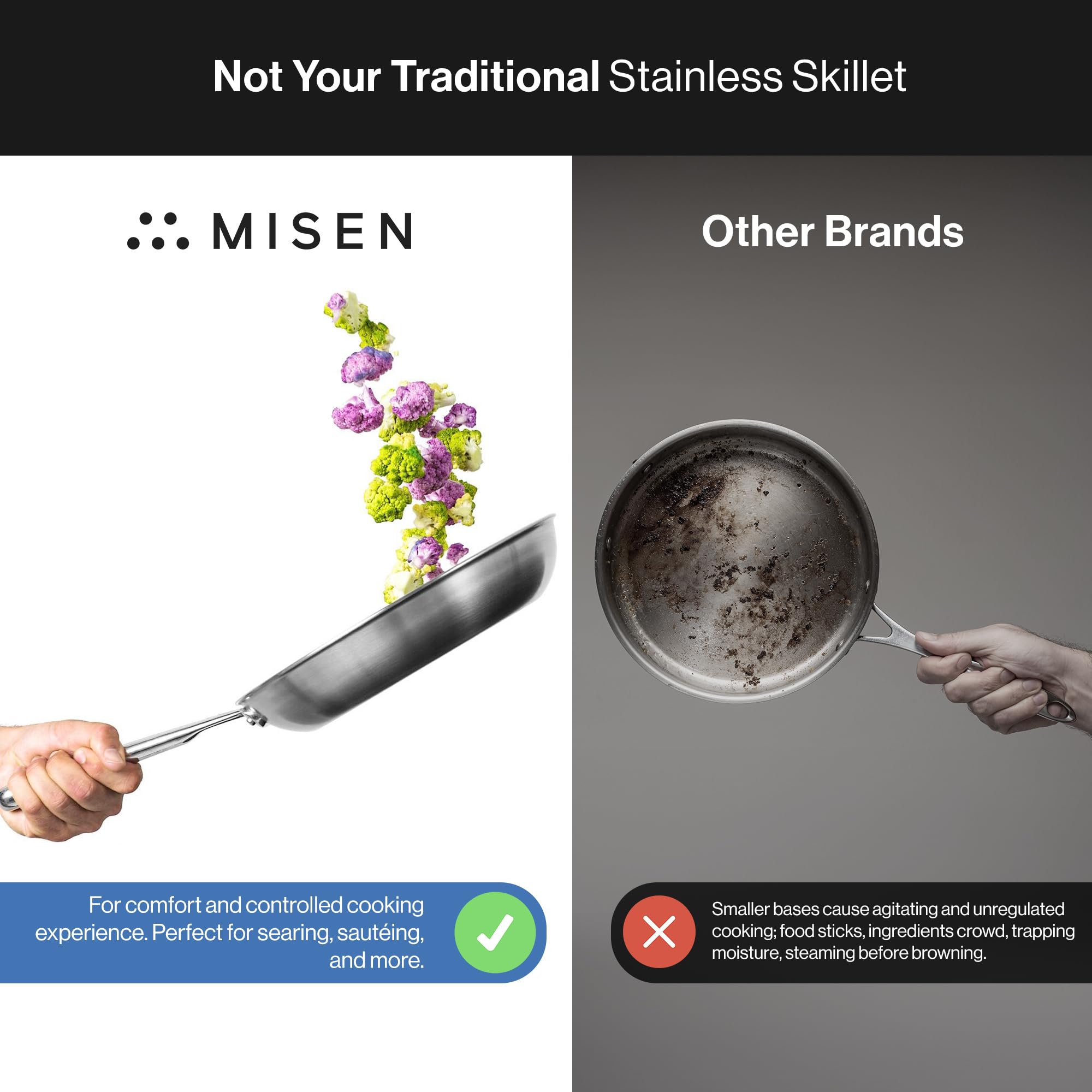 Misen 12 Inch Stainless Steel Frying Pan - 5 Ply Professional Cookware, Induction Compatible, Model MK-2013-2