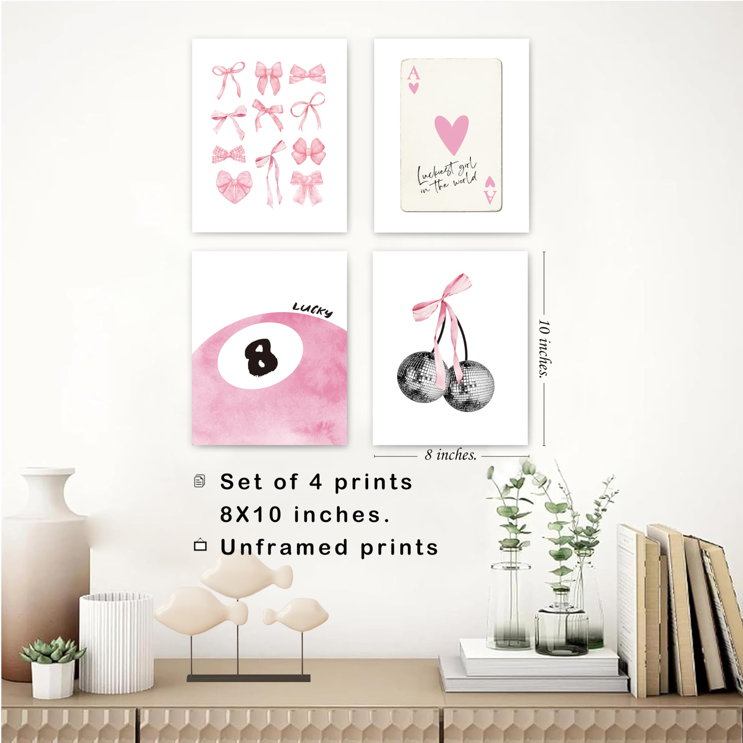 Okaxscm Pink Coquette Trendy Preppy Wall Art Prints Set Of 4, Coquette Room Decor, Preppy Room Decor Aesthetic, Pink Bow Disco 8