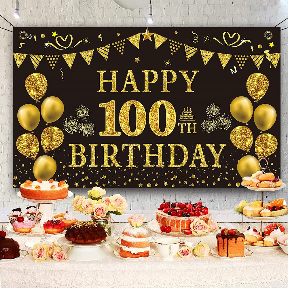 Trgowaul 100Th Birthday Decorations For Men Women - Black And Gold 100Th Birthday Backdrop Banner 5.9 X 3.6 Fts Happy 100Th Birt
