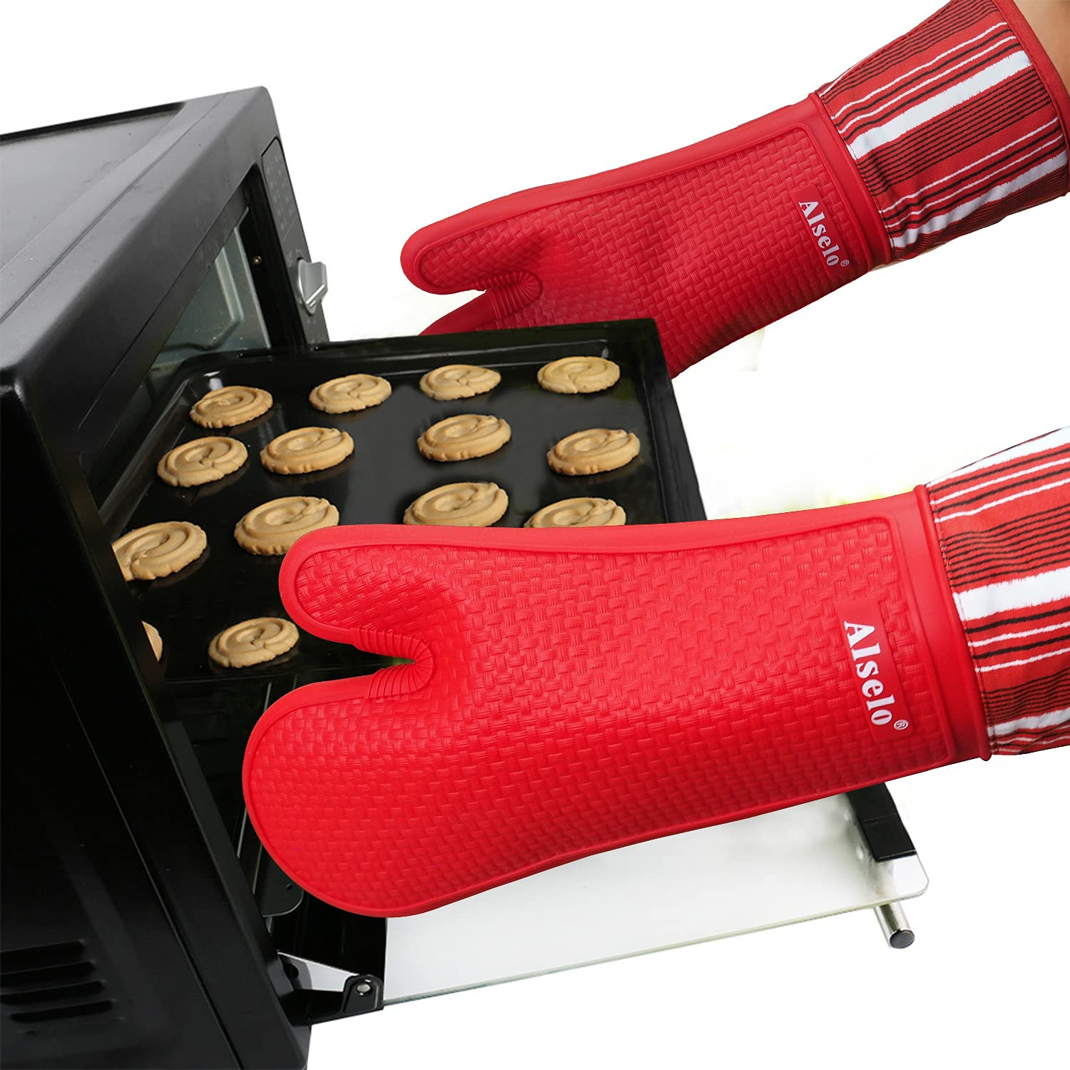 Alselo Silicone Oven Mitts Heat Resistant 550 Degree, Extra Long Kitchen Mittens With Non-Slip And Waterproof Pot Holders For Ba