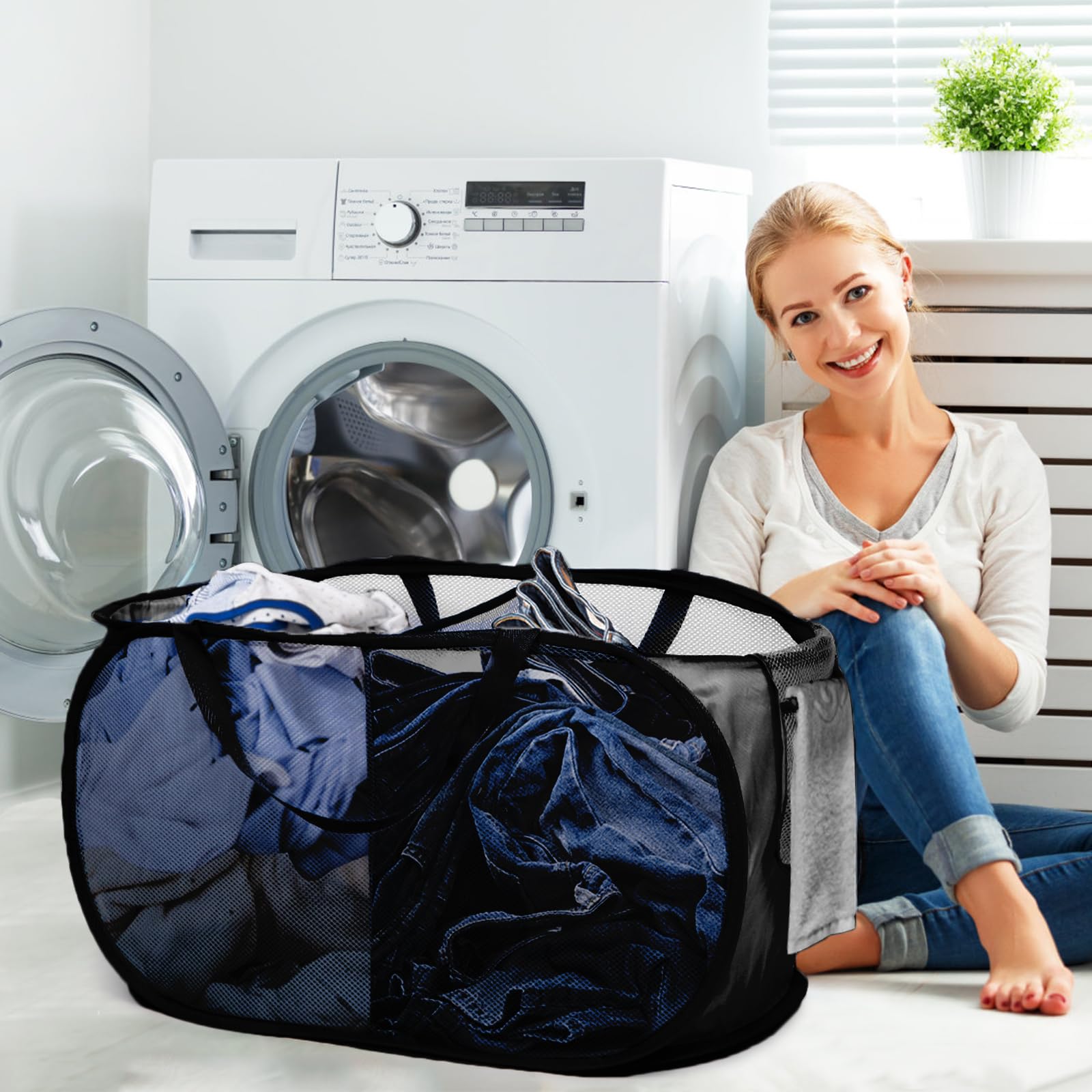 Foldable Laundry Baskets, Collapsible Mesh Laundry Hamper, Durable Pop Up Laundry Basket, 2 Compartments Clothes Hampers For Lau