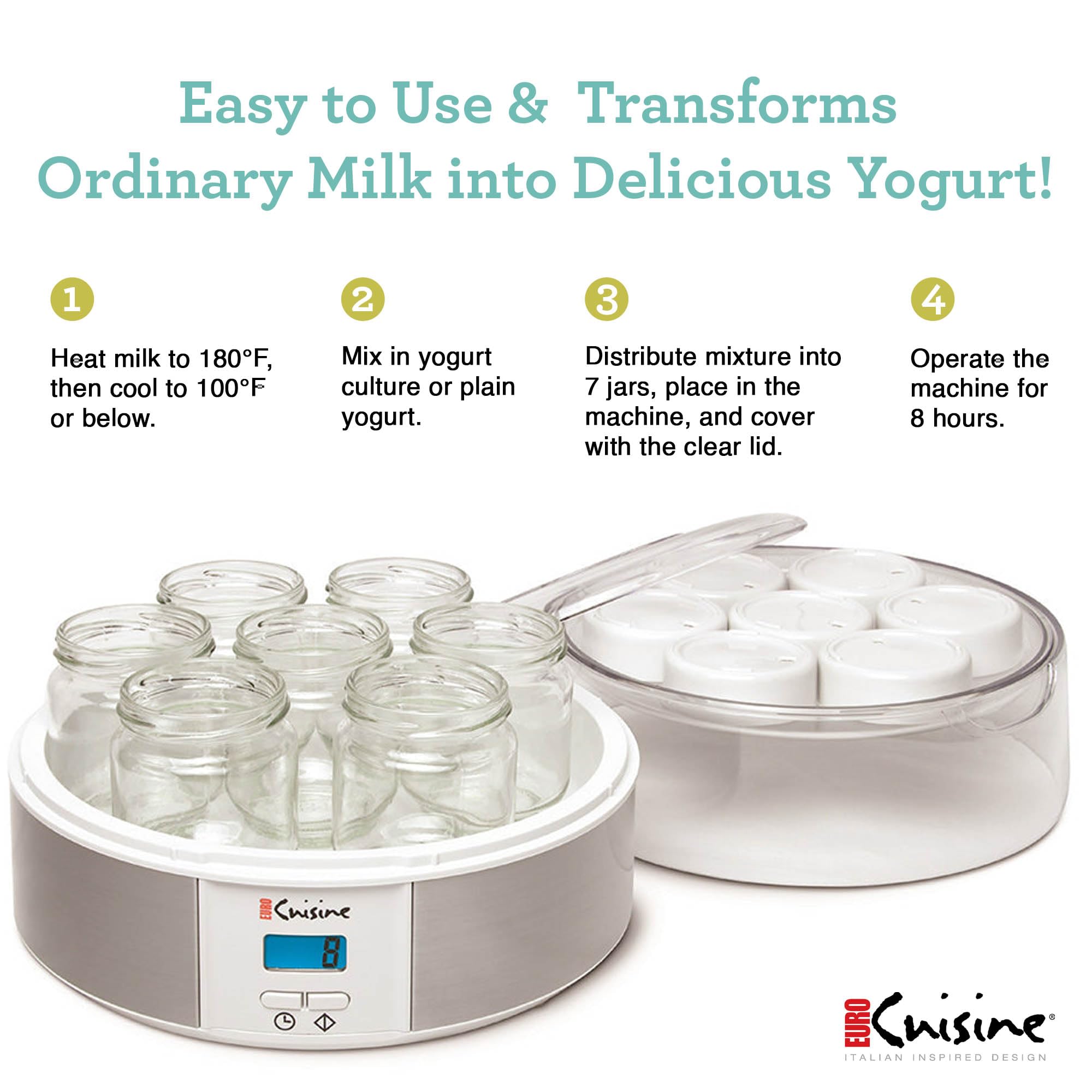 Euro Cuisine Yogurt Maker - YMX650 Automatic Digital Yogurt Maker Machine with Set Temperature - Includes 7-6 oz. Reusable Glass Jars and 7 Rotary Date Setting Lids for Instant Storage