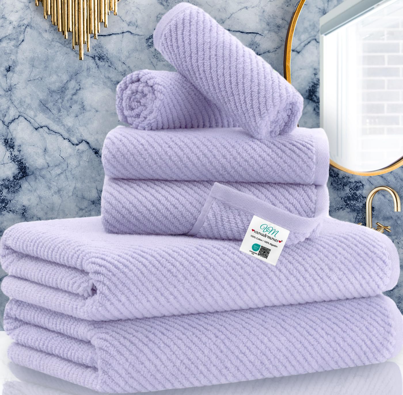 Voova & Movas Bathroom Towels Set Of 6-100% Cotton | Quick Dry | Light Weight | Thick | Soft, 2 Large Bath Towels 30 X 56, 2 Han