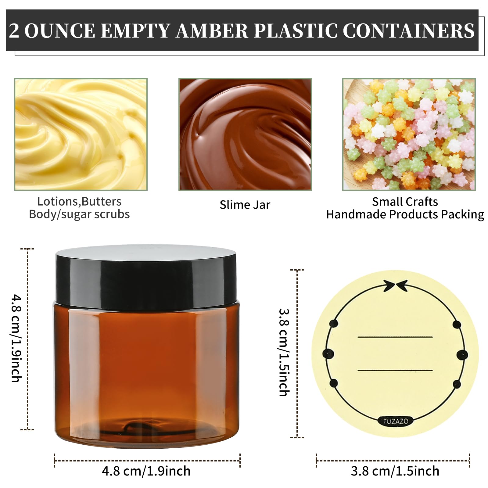Tuzazo 2 Oz Amber Plastic Cosmetic Jars Leak Proof Small Container With Lids For Cream, Lotion, Powder, Ointments, Beauty Produc