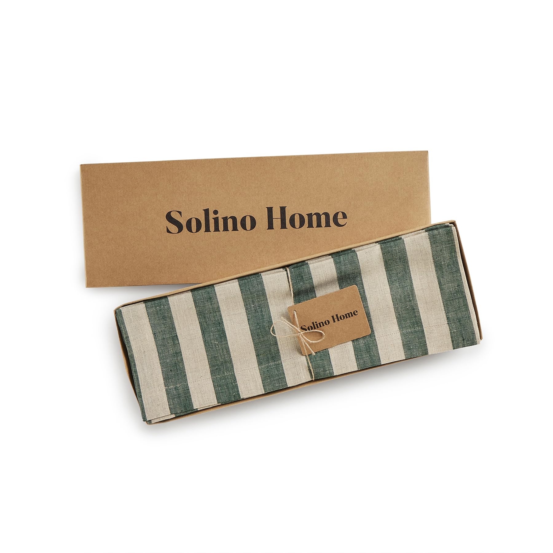 Solino Home Stripe Linen Placemats 19'' L X 14'' W Inch - 100% Pure Linen Hunter Green And Natural Cloth Placemats Set Of 4 - So