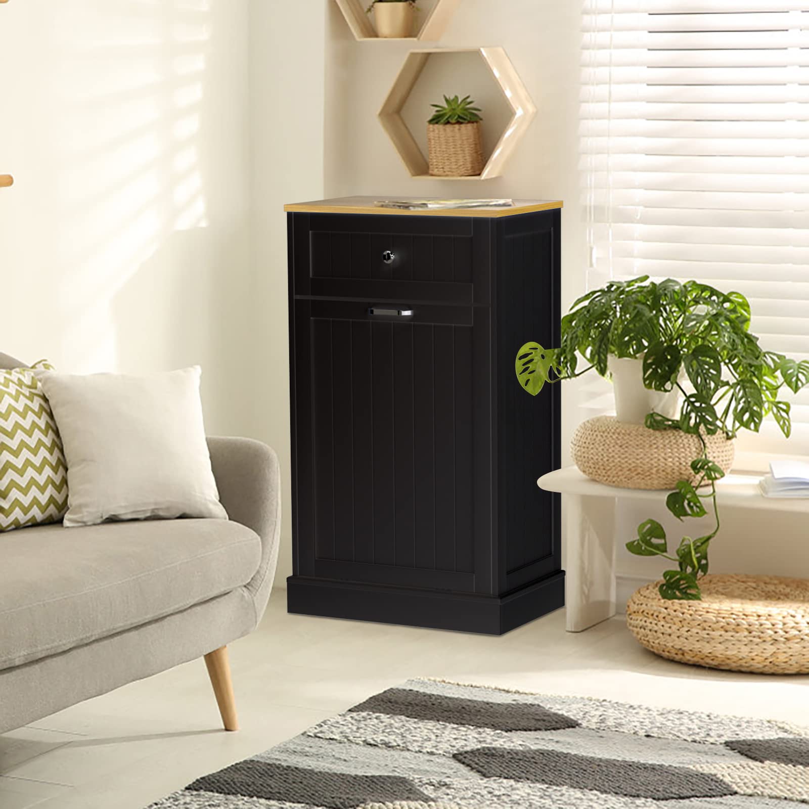 Gazhome Tilt Out Trash Cabinet, Upgrade Wooden Free Standing Trash Cabinet,Recycling Cabinet With Hideaway Drawer,10 Gallon Tilt