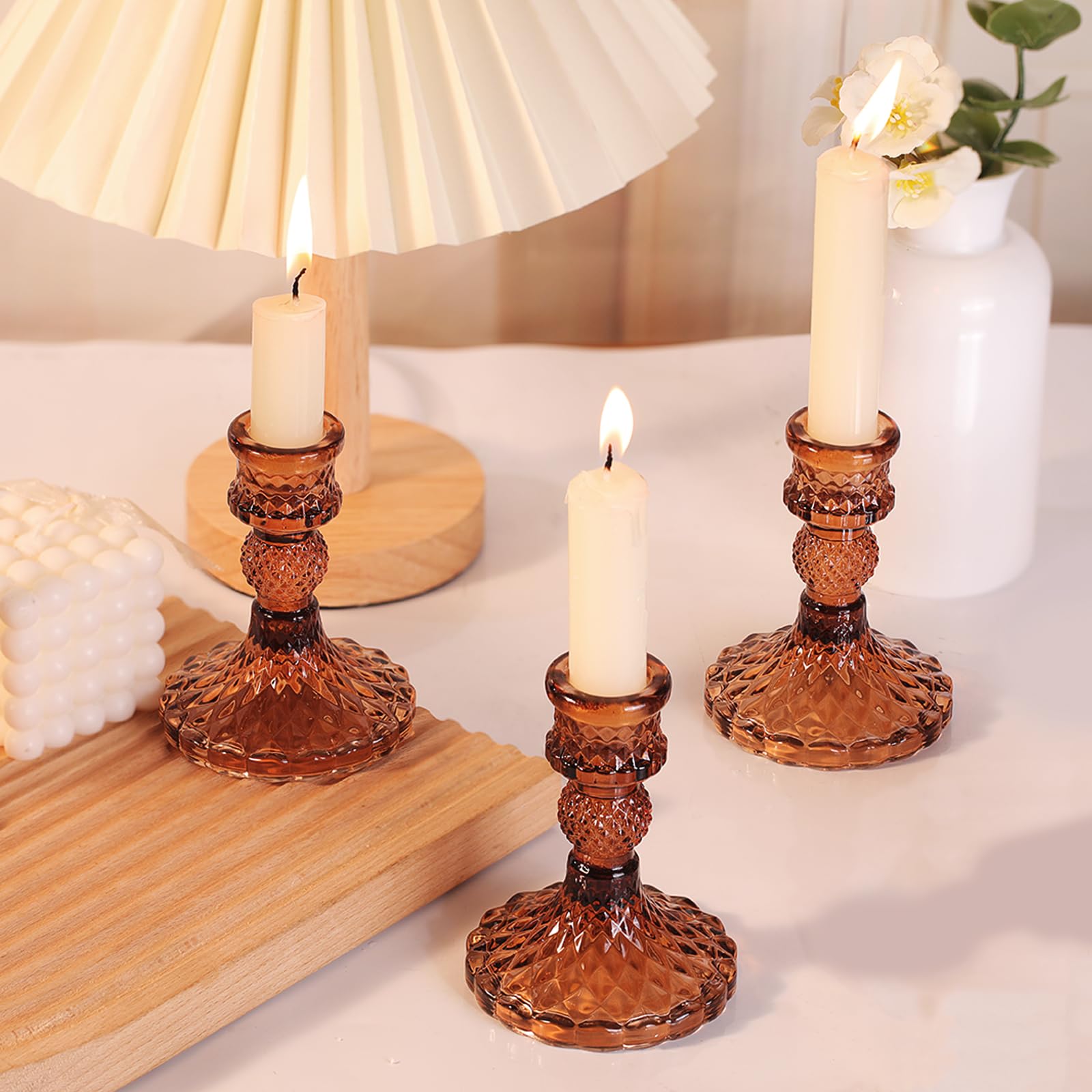 12Pcs Amber Candlestick Holders Set- 4 H Taper Candle Holders Bulk, Glass Candle Holders for Wedding, Party, Fall Dinner Table C