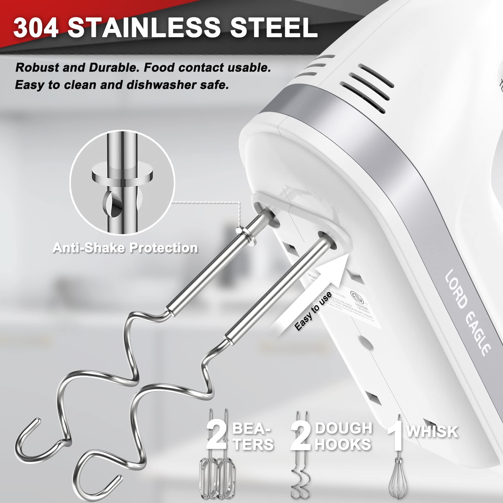 Lord Eagle Hand Mixer Electric  400W Power handheld Mixer for Baking Cake Egg Cream Food Beater  Turbo Boost/Self-Control Speed + 5 Speed + Eject Button + 5 Stainless Steel Accessories (White)