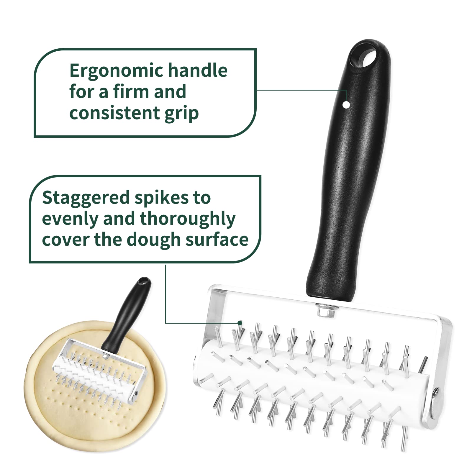 Ecavria Pizza Dough Docker, Premium Dough Roller With Stainless Steel Spikes, Sturdy Pizza Docking Tool That Prevents Dough From